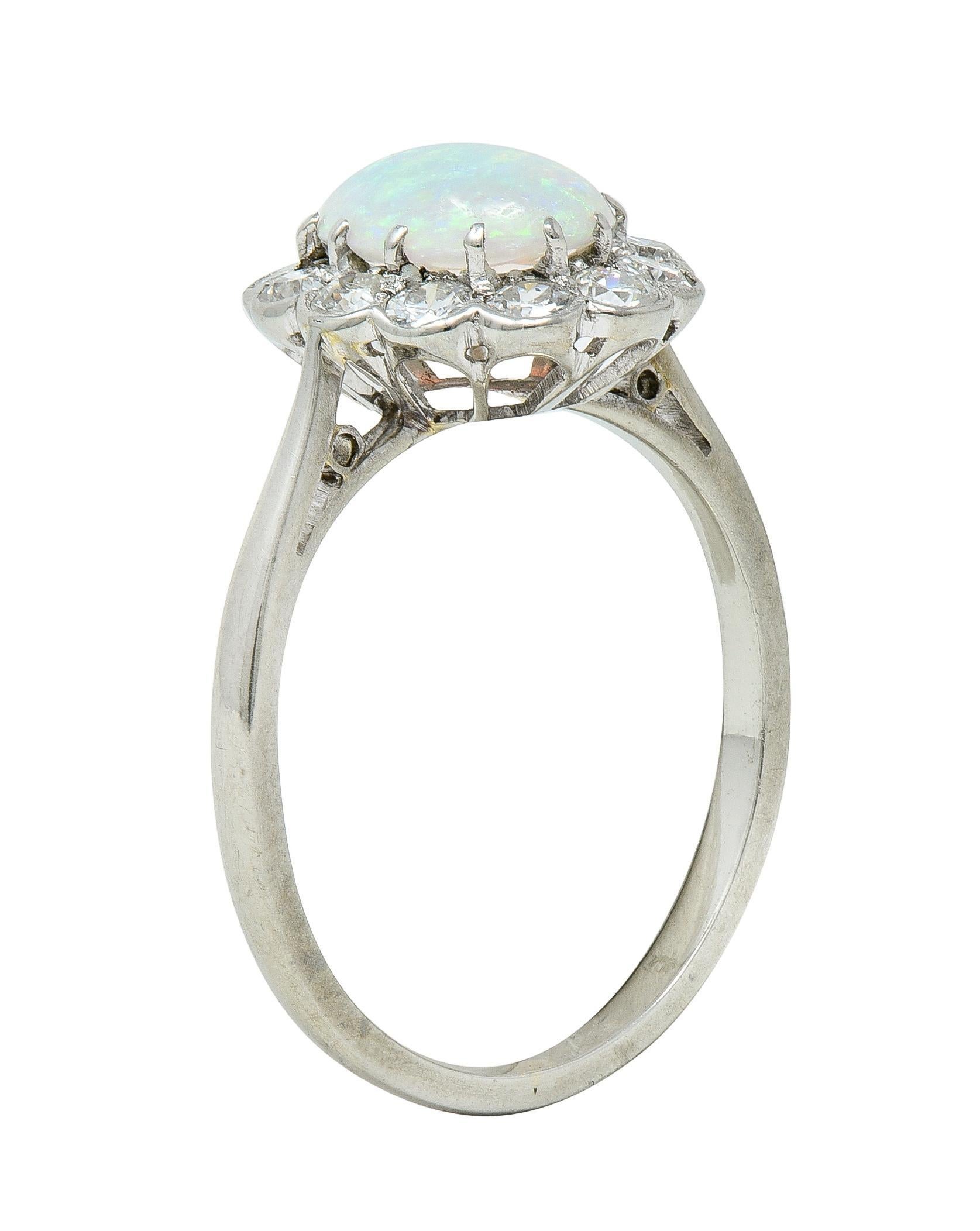 Edwardian 0.60 CTW Opal Diamond Platinum 18 Karat Gold Antique Halo Ring For Sale 2