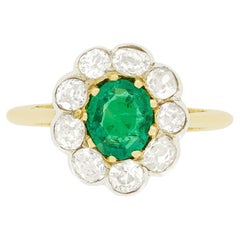 Edwardian 0.60ct Emerald and Diamond Cluster Ring, c.1910s