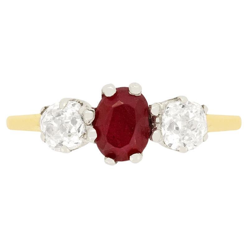 Edwardian 0.60ct Ruby and Diamond Three Stone Ring, c.1910s For Sale