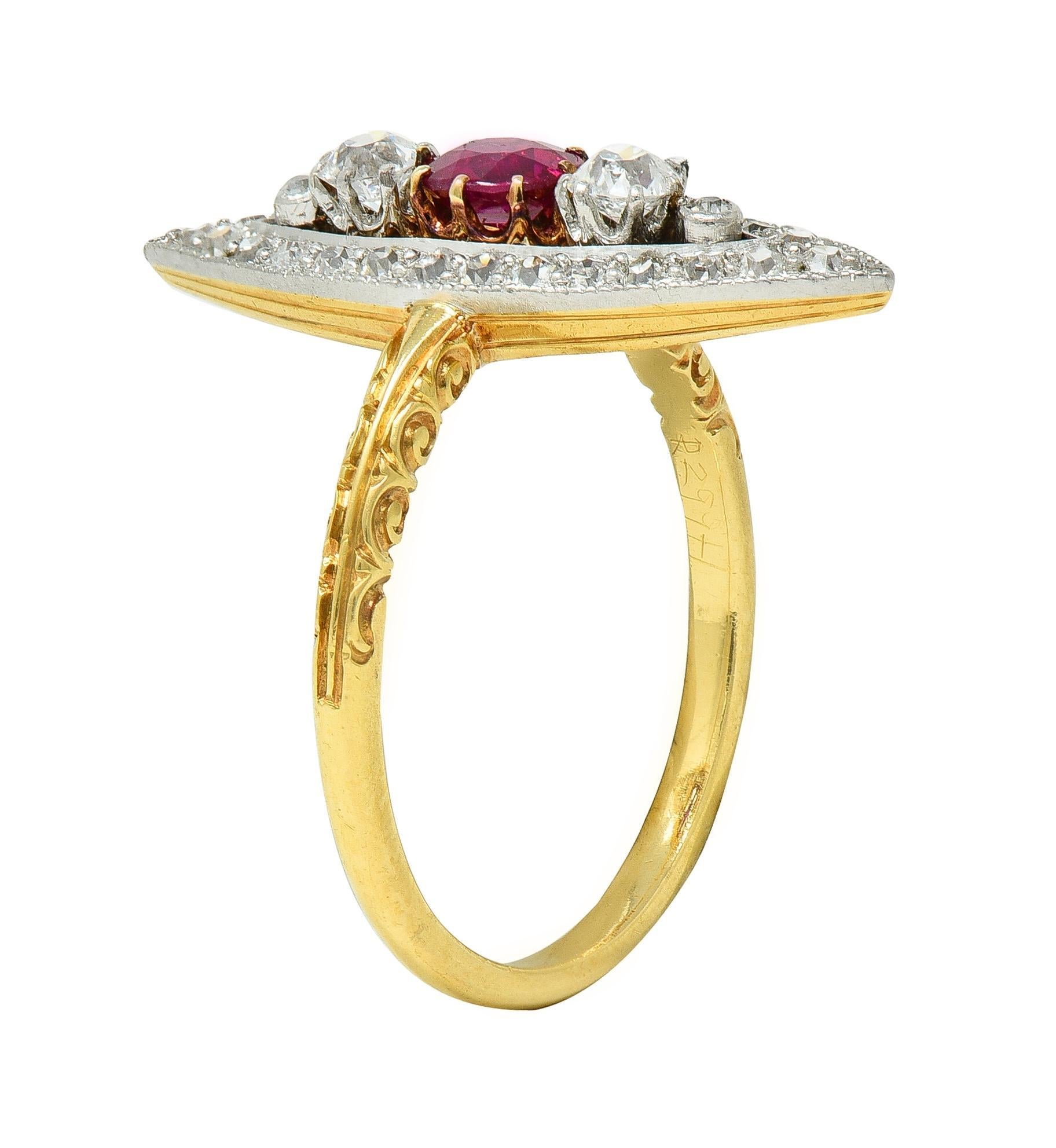 Edwardian 0.62 CTW Ruby Diamond Platinum 18 Karat Gold Scroll Navette Ring For Sale 5