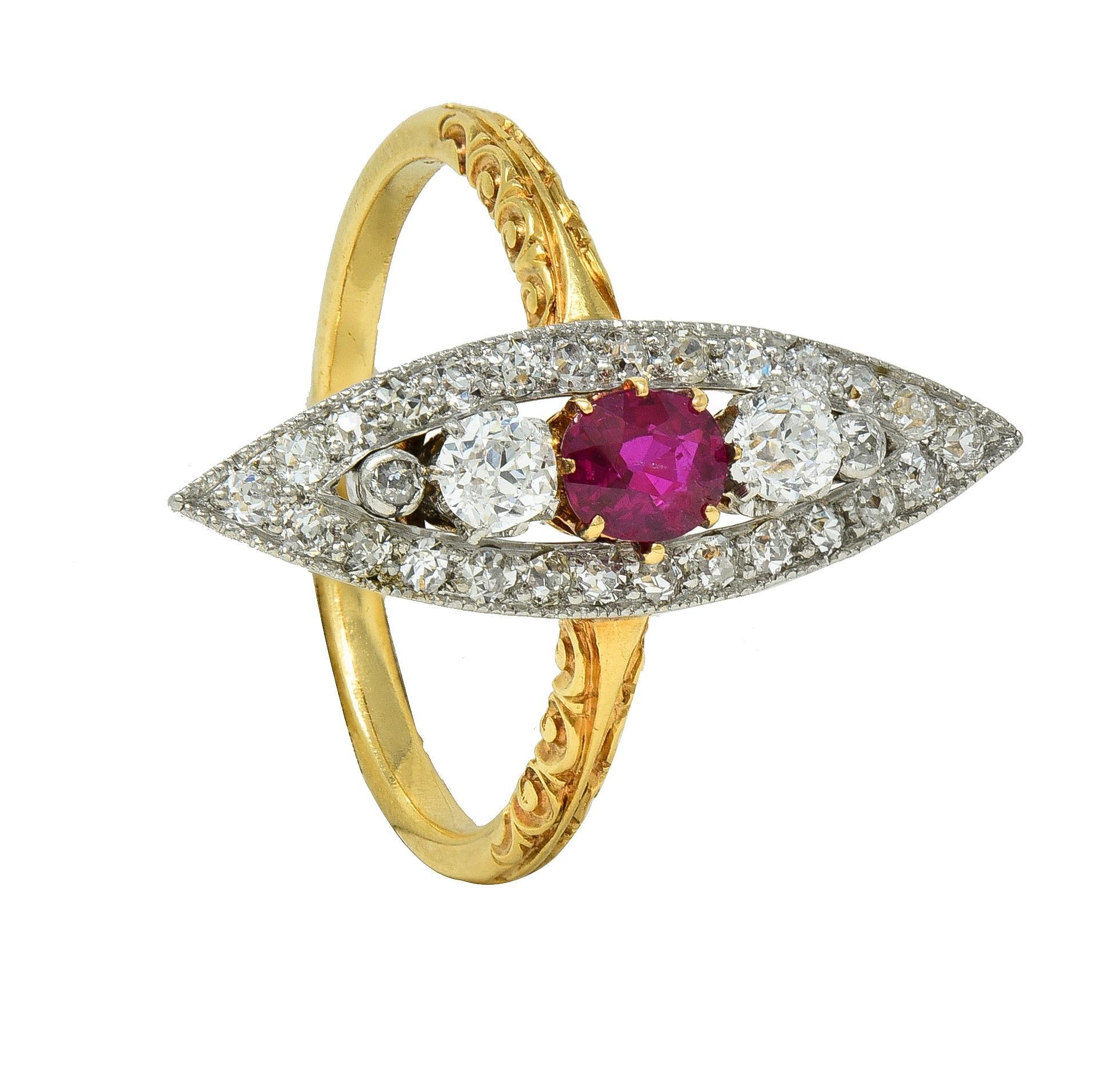 Navette-Ring aus 18 Karat Gold mit Schnörkeln, edwardianischer 0,62 Karat Rubin-Diamant-Platin im Angebot 5