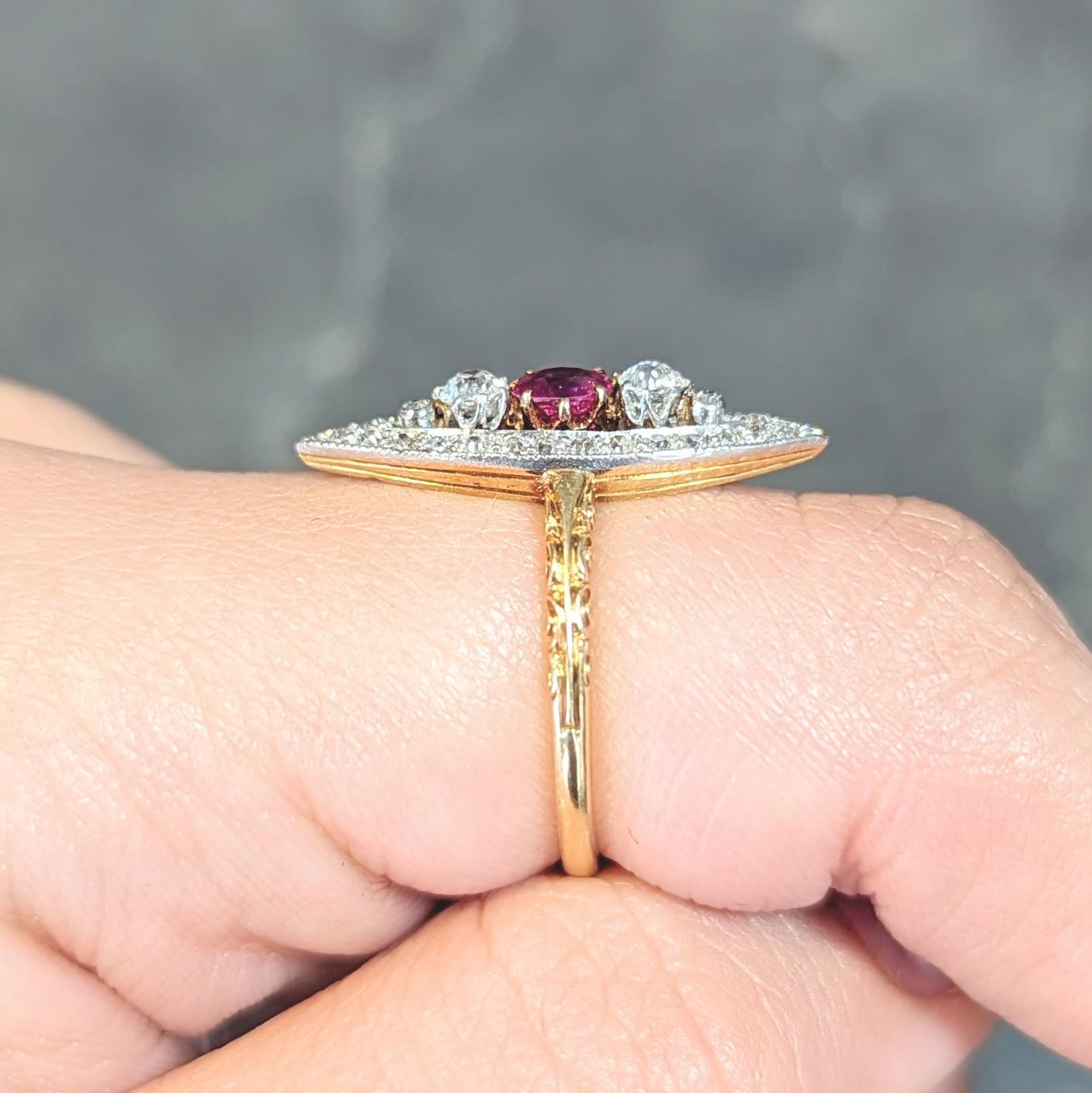 Edwardian 0.62 CTW Ruby Diamond Platinum 18 Karat Gold Scroll Navette Ring For Sale 8