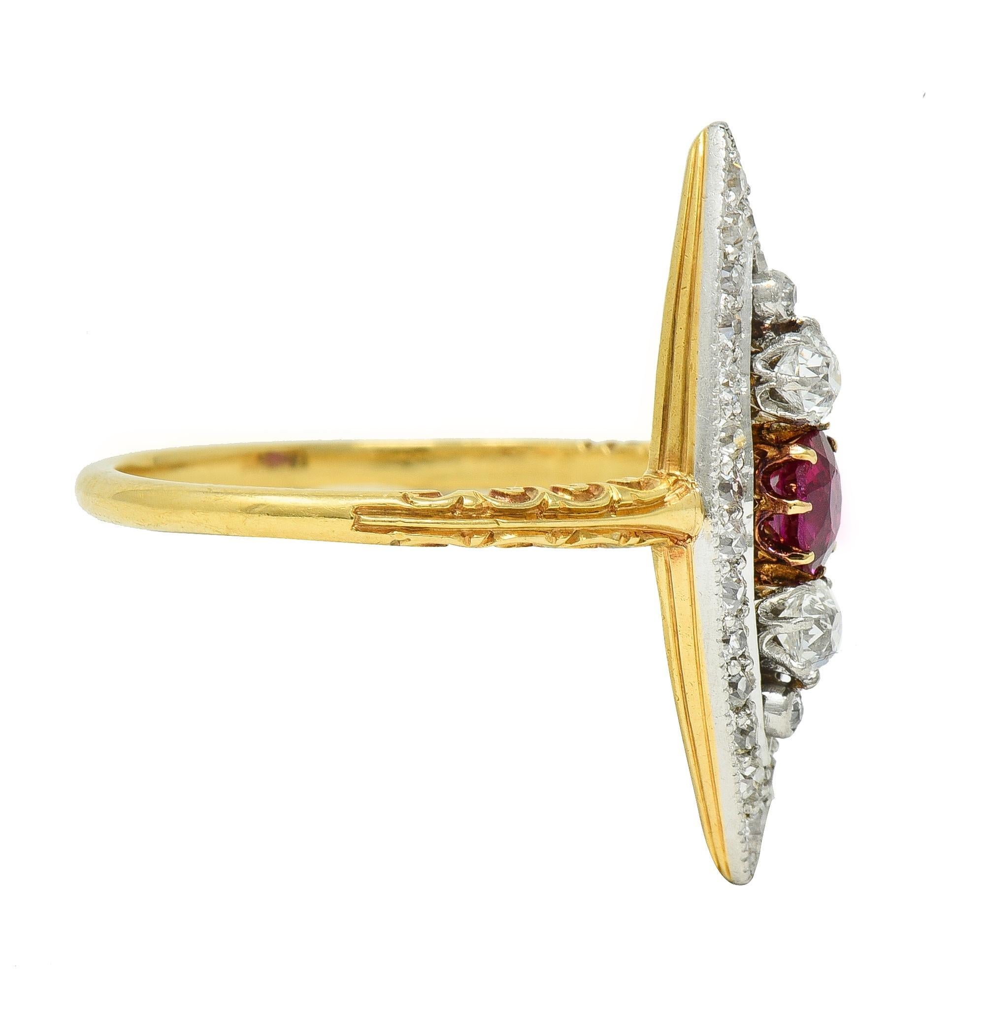 Old European Cut Edwardian 0.62 CTW Ruby Diamond Platinum 18 Karat Gold Scroll Navette Ring For Sale