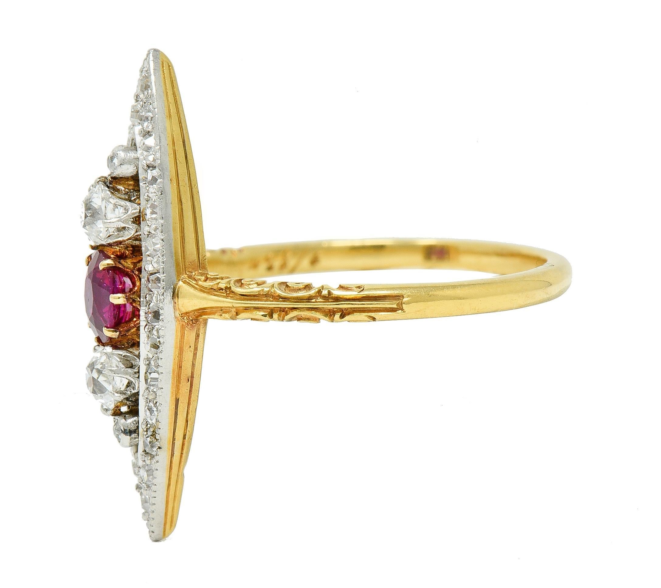 Women's or Men's Edwardian 0.62 CTW Ruby Diamond Platinum 18 Karat Gold Scroll Navette Ring For Sale