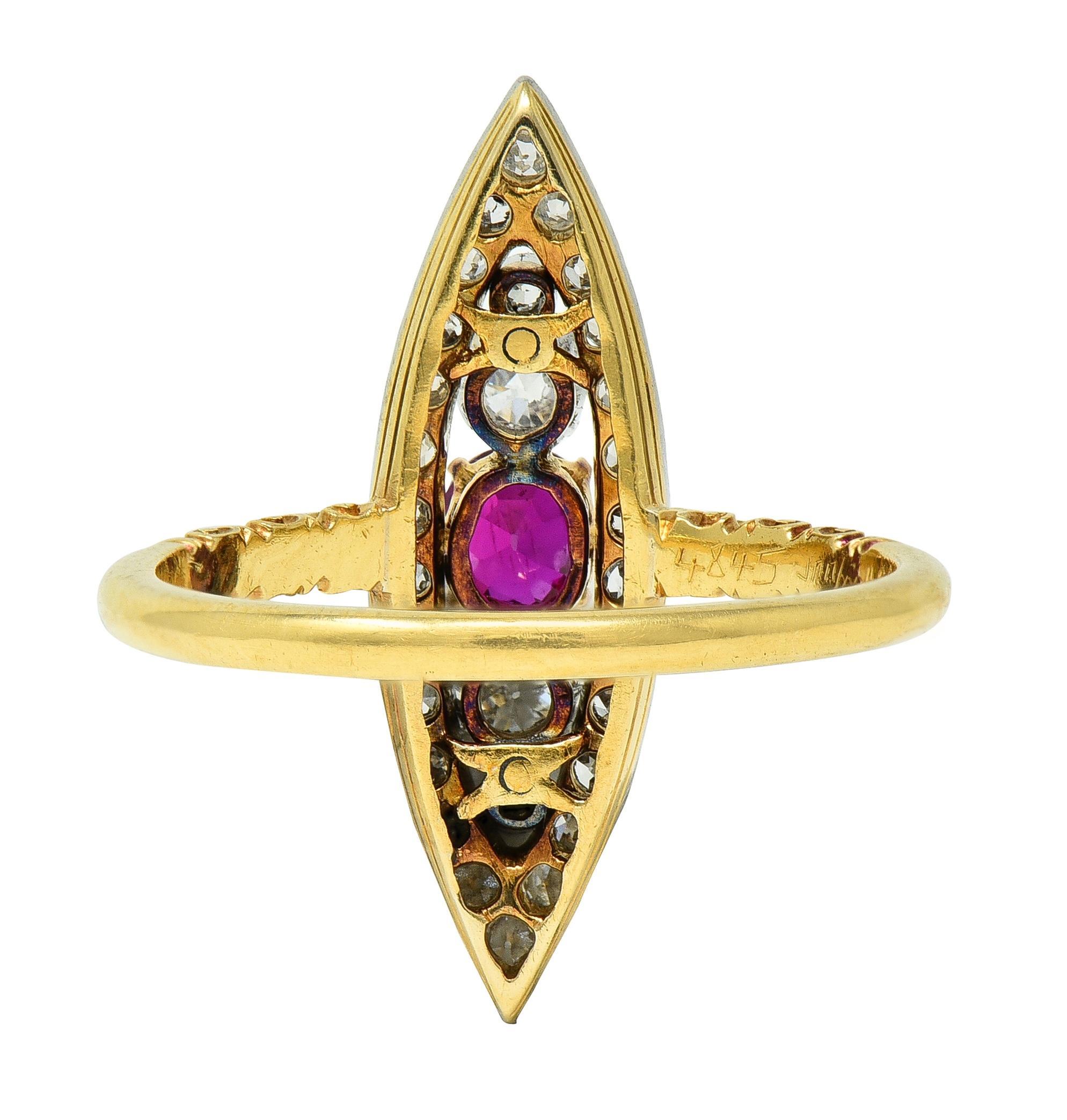 Edwardian 0.62 CTW Ruby Diamond Platinum 18 Karat Gold Scroll Navette Ring In Excellent Condition For Sale In Philadelphia, PA