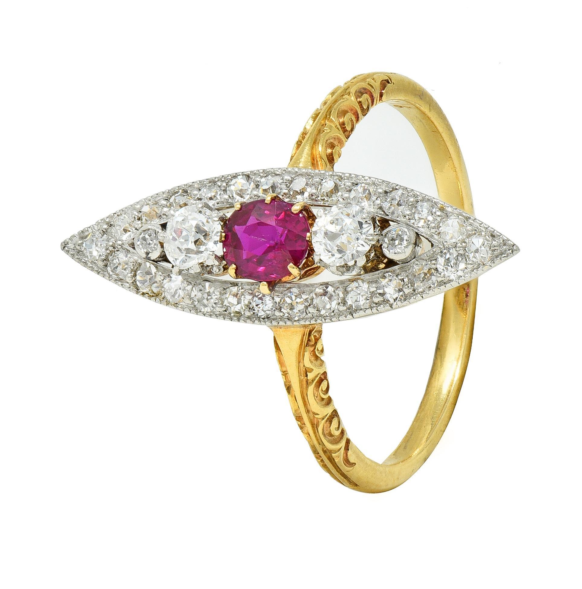 Edwardian 0.62 CTW Ruby Diamond Platinum 18 Karat Gold Scroll Navette Ring For Sale 2