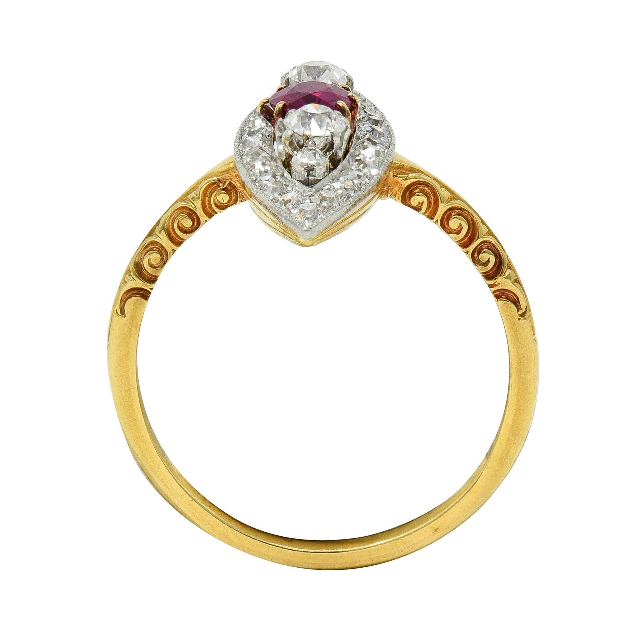 Edwardian 0.62 CTW Ruby Diamond Platinum 18 Karat Gold Scroll Navette Ring For Sale 4