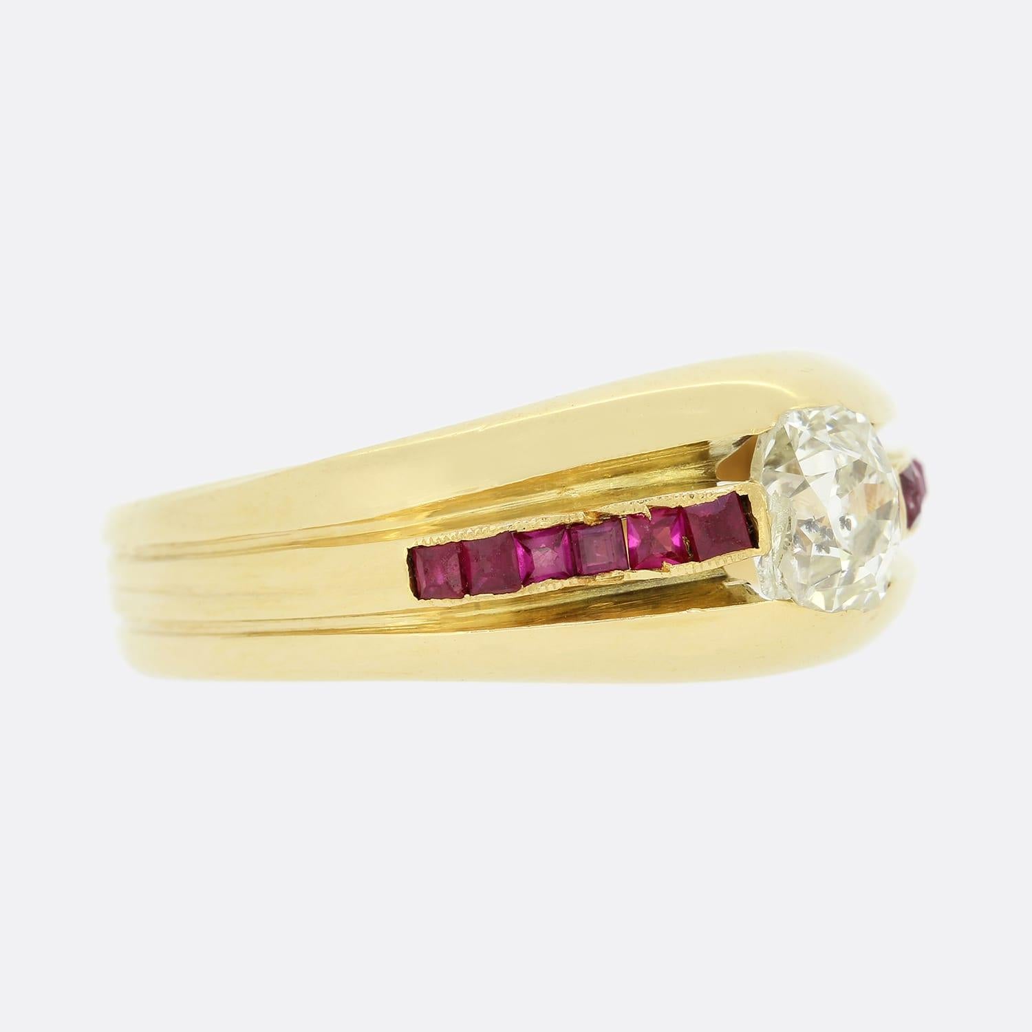 Old European Cut Edwardian 0.65 Carat Diamond and Ruby Ring For Sale