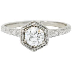 Antique Edwardian 0.65 Carat European Diamond Platinum Floral Hexagonal Engagement Ring