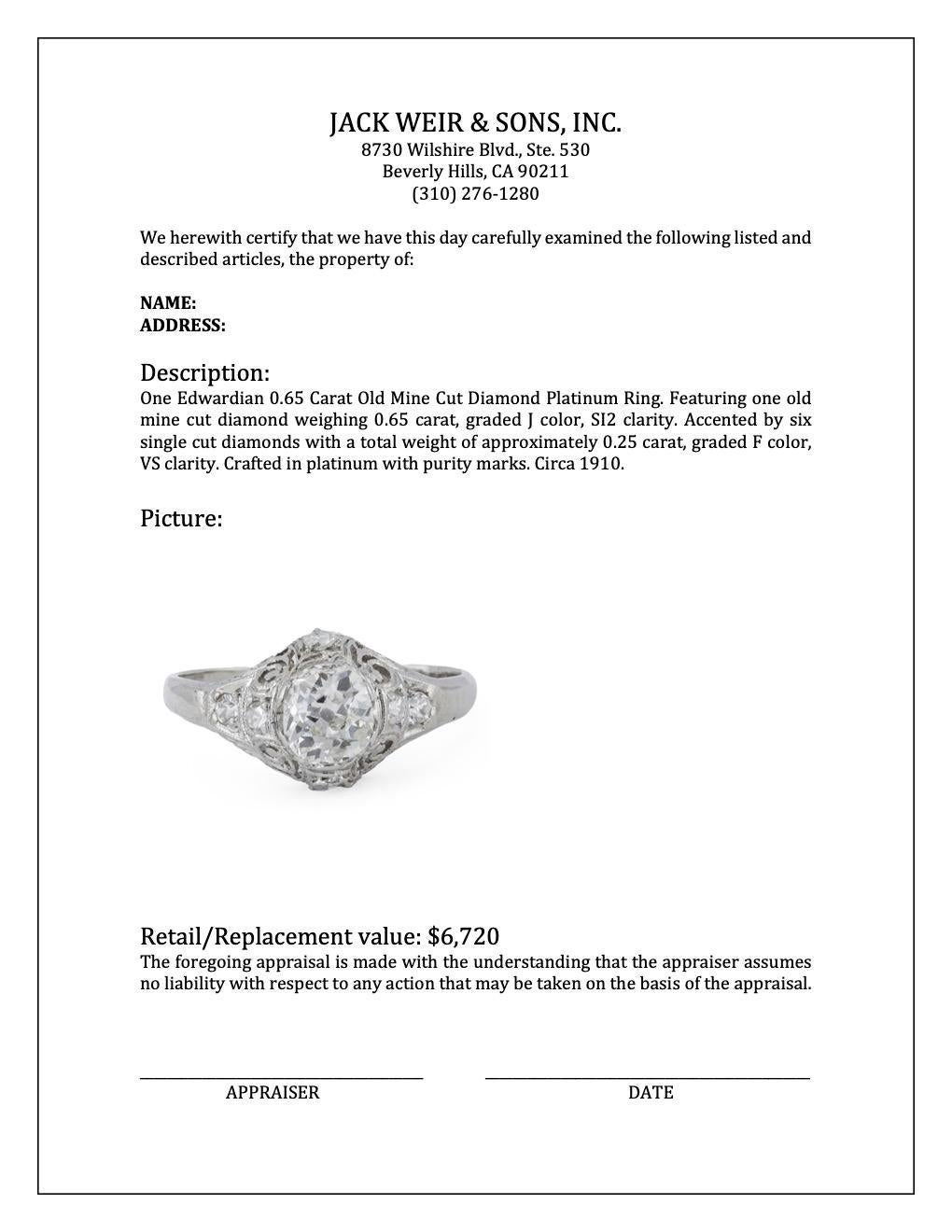 Edwardian 0.65 Carat Old Mine Cut Diamond Platinum Ring For Sale 2