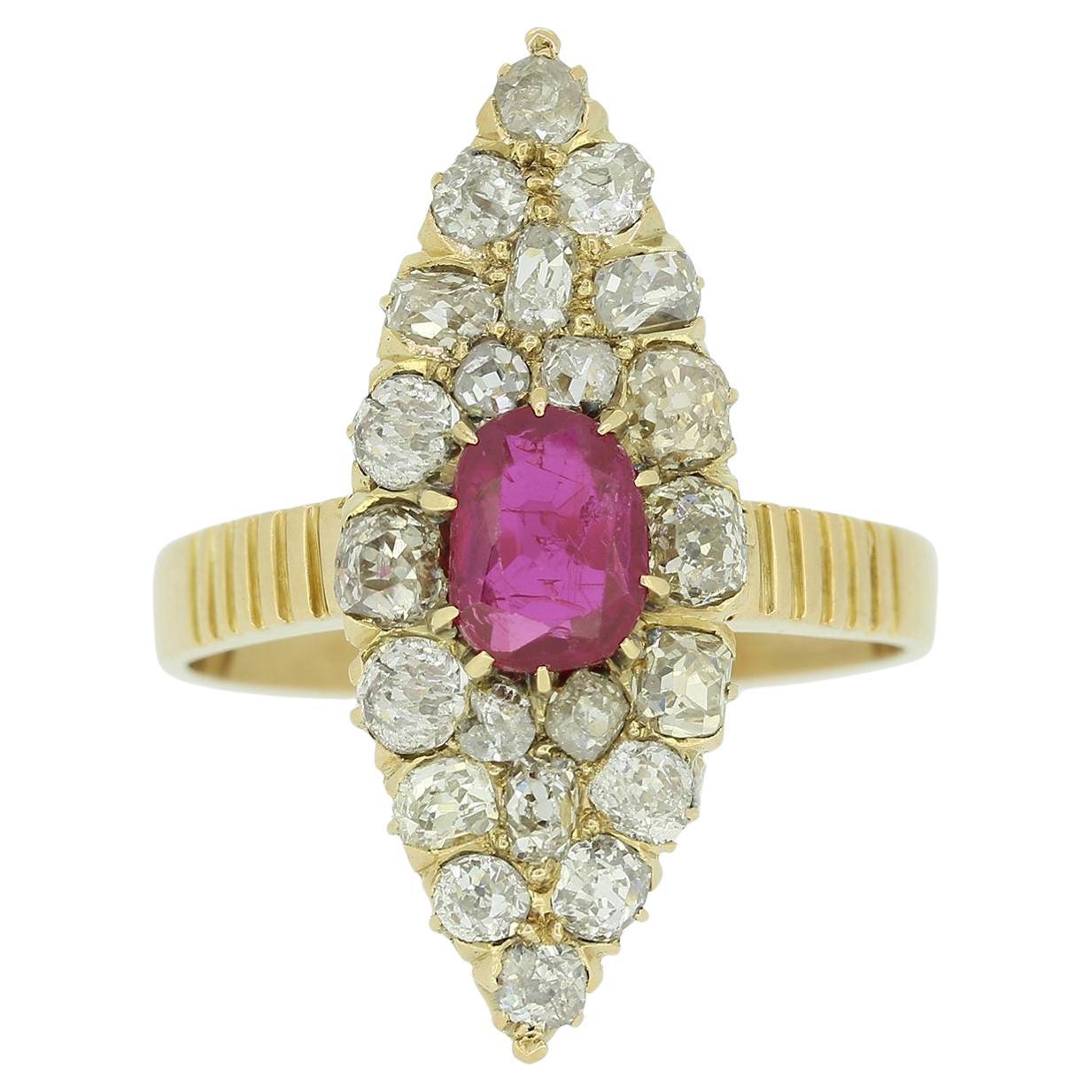 Edwardian 0.65 Carat Unheated Burmese Ruby and Diamond Navette Ring