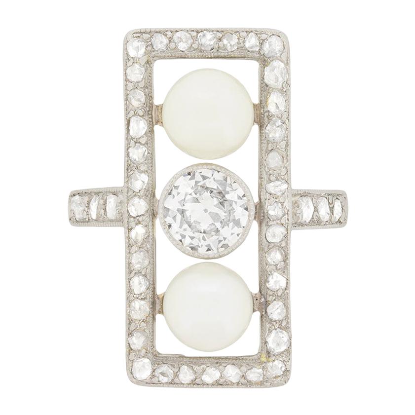 Edwardian 0.70 Carat Diamond and Pearl Cocktail Ring, circa 1910s For Sale