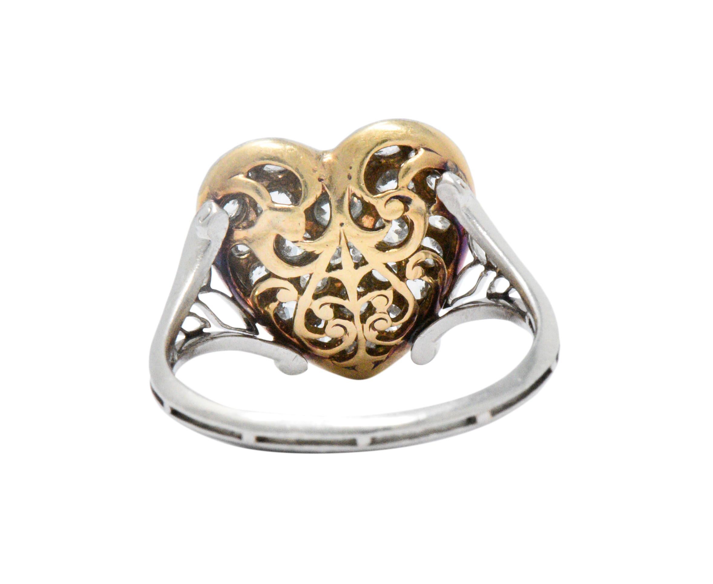 Women's or Men's Edwardian 0.70 CTW Diamond 18K Gold & Platinum Heart Alternative Engagement Ring