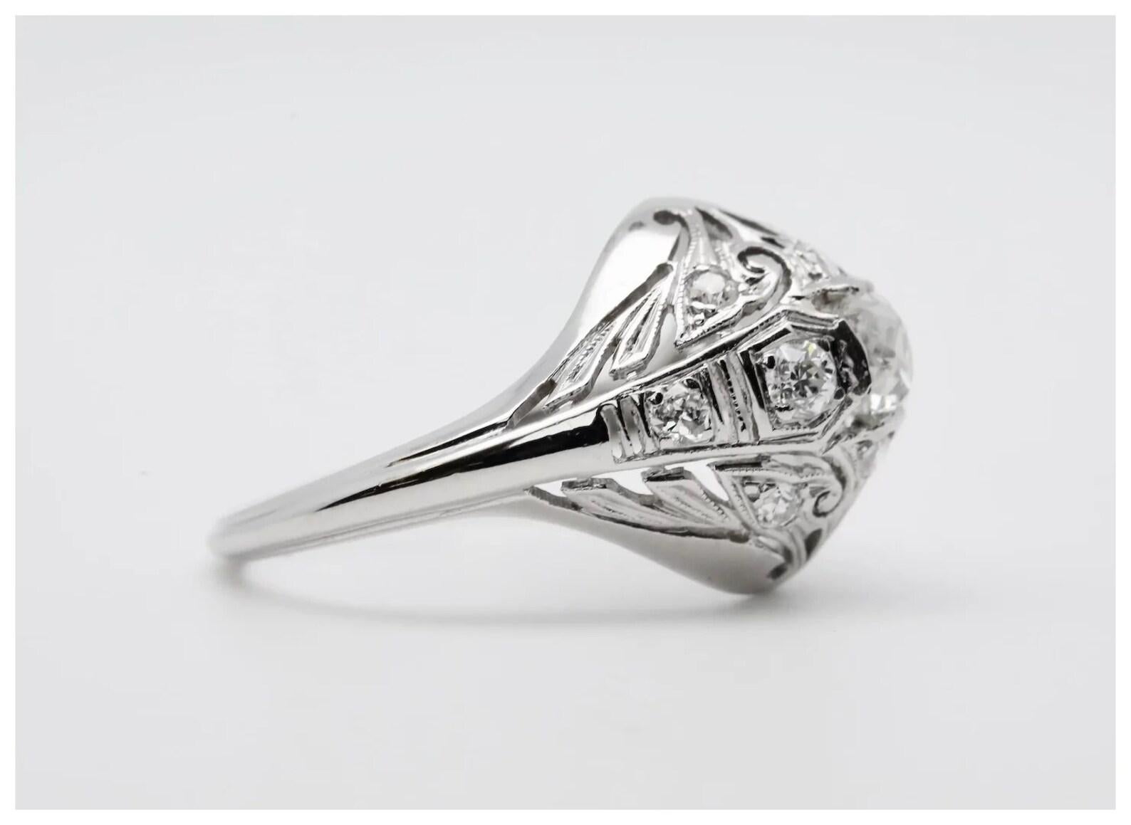 Edwardian 0.71ct Old Mine Cut Diamond Filigree Engagement Ring in Platinum In Good Condition For Sale In Boston, MA