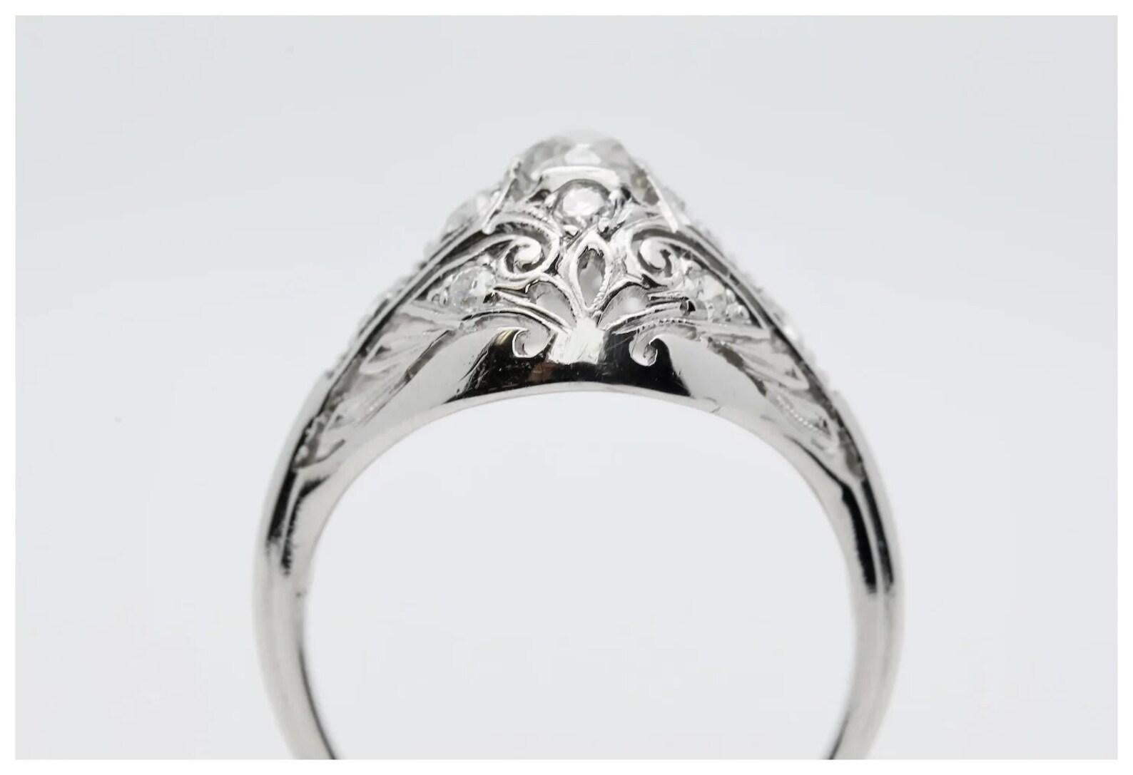 Women's Edwardian 0.71ct Old Mine Cut Diamond Filigree Engagement Ring in Platinum For Sale