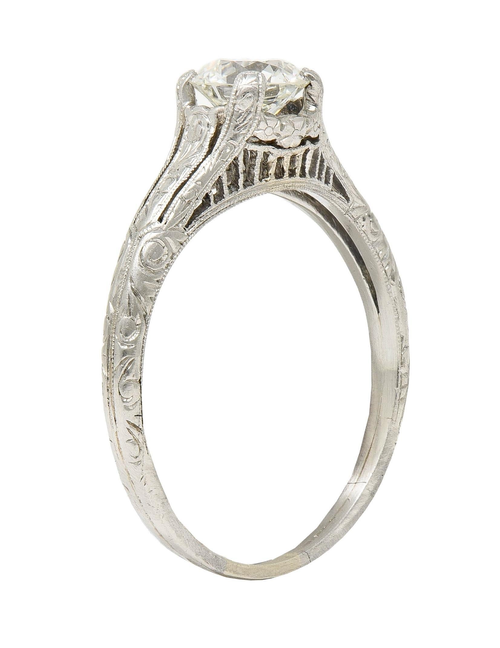 Edwardian 0.72 CTW OEC Diamond Platinum Antique Scroll Solitaire Engagement Ring For Sale 5