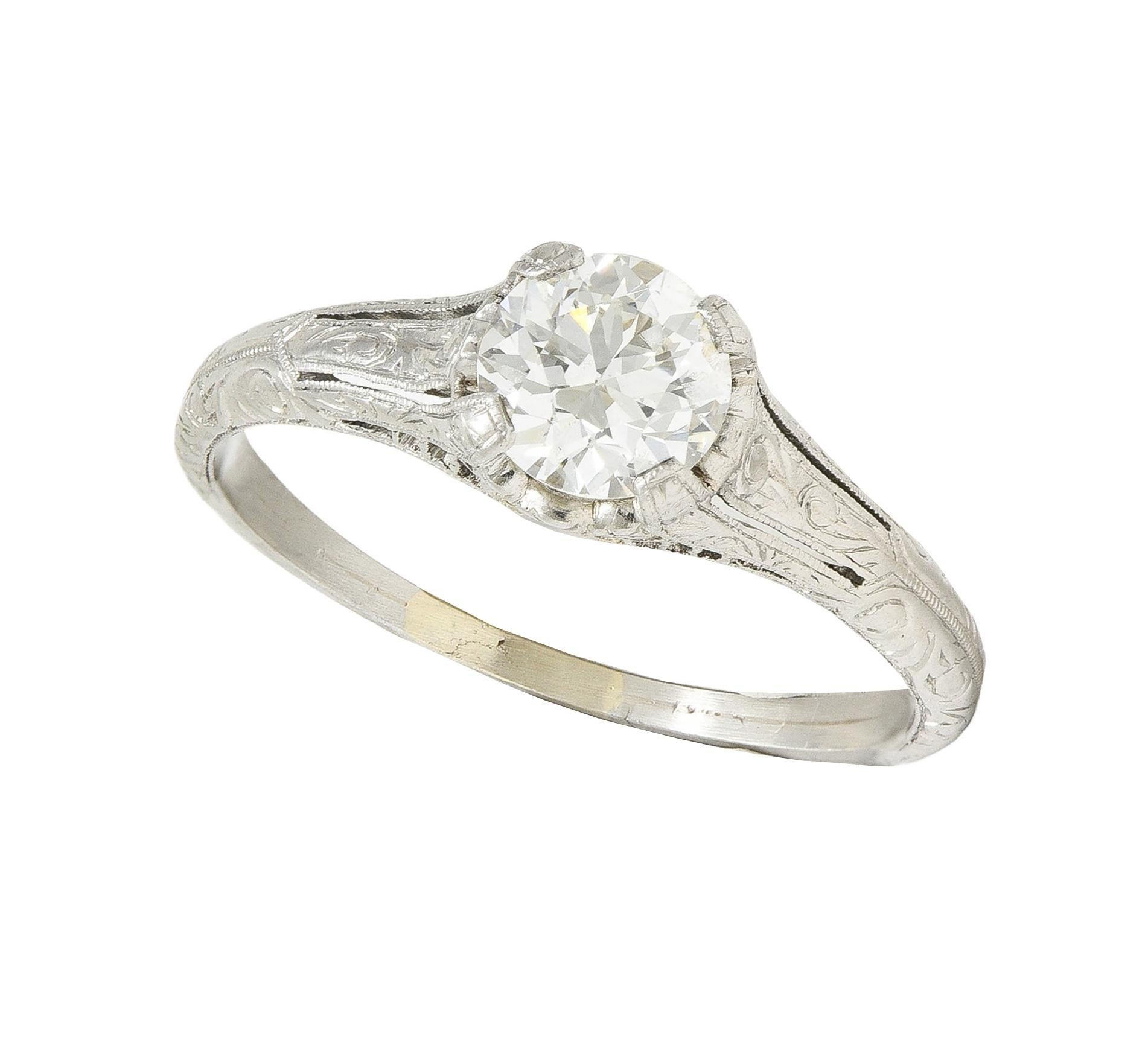 Edwardian 0.72 CTW OEC Diamond Platinum Antique Scroll Solitaire Engagement Ring For Sale 6