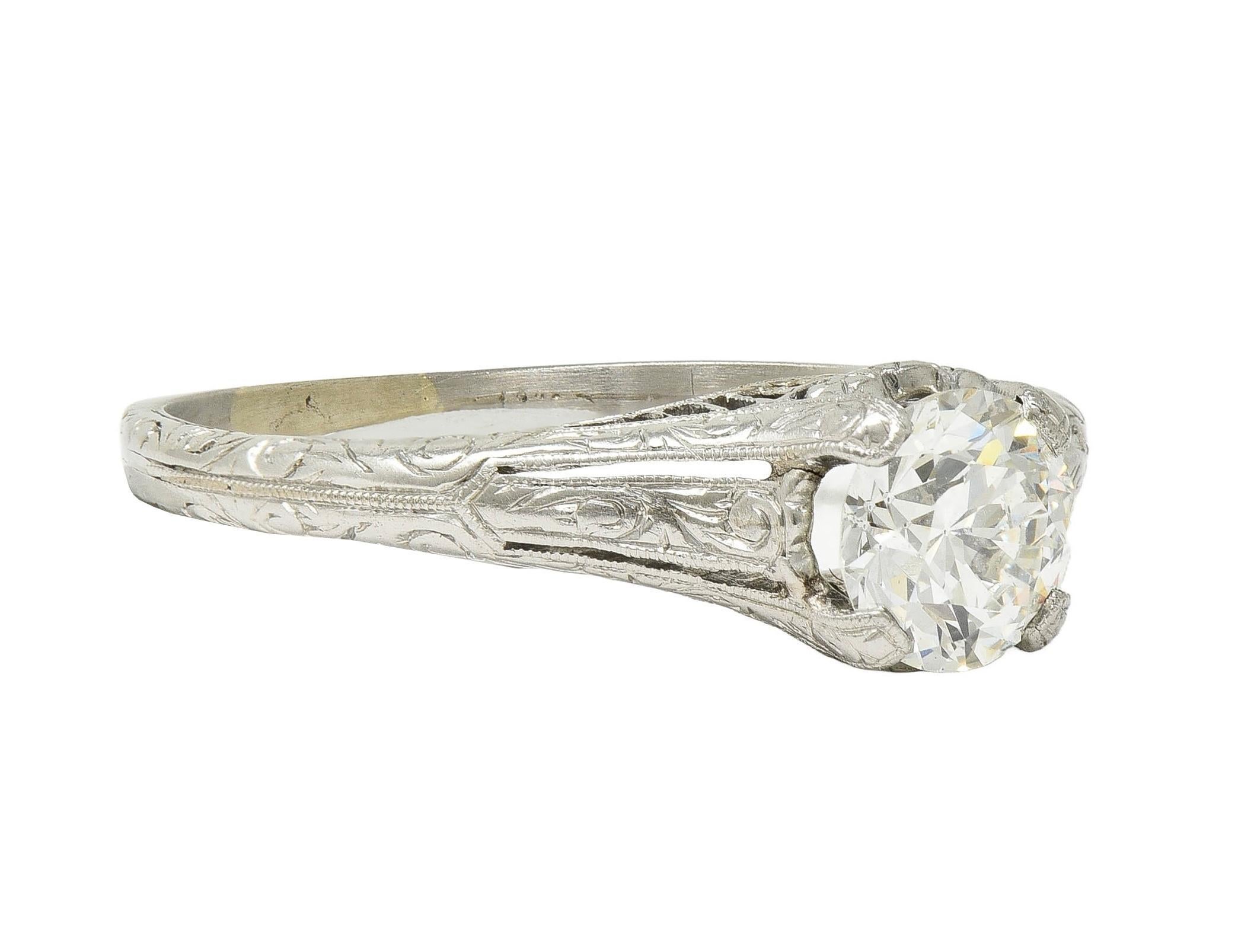 Old European Cut Edwardian 0.72 CTW OEC Diamond Platinum Antique Scroll Solitaire Engagement Ring For Sale