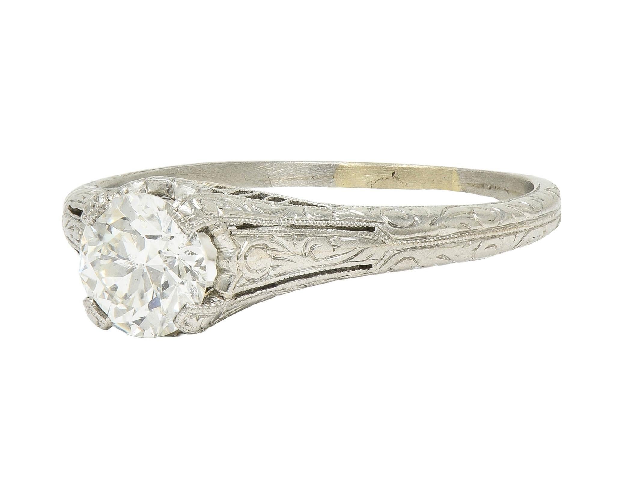 Edwardian 0.72 CTW OEC Diamond Platinum Antique Scroll Solitaire Engagement Ring For Sale 3