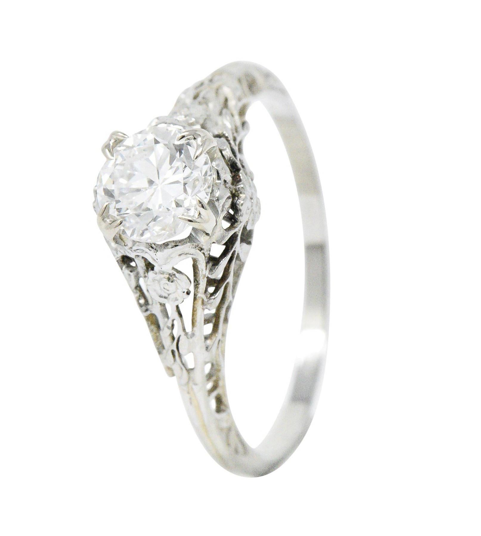 Edwardian 0.73 Carat Diamond 18 Karat White Gold Floral Engagement Ring GIA 5
