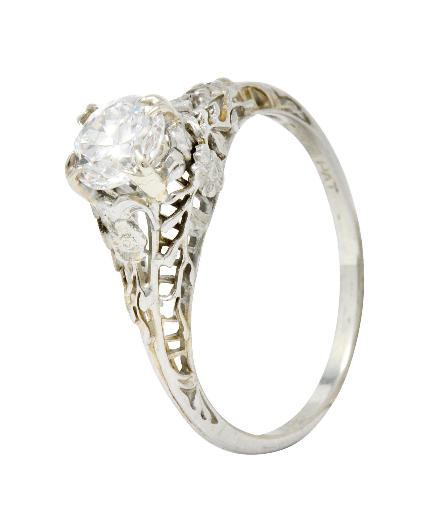 Edwardian 0.73 Carat Diamond 18 Karat White Gold Floral Engagement Ring GIA 6