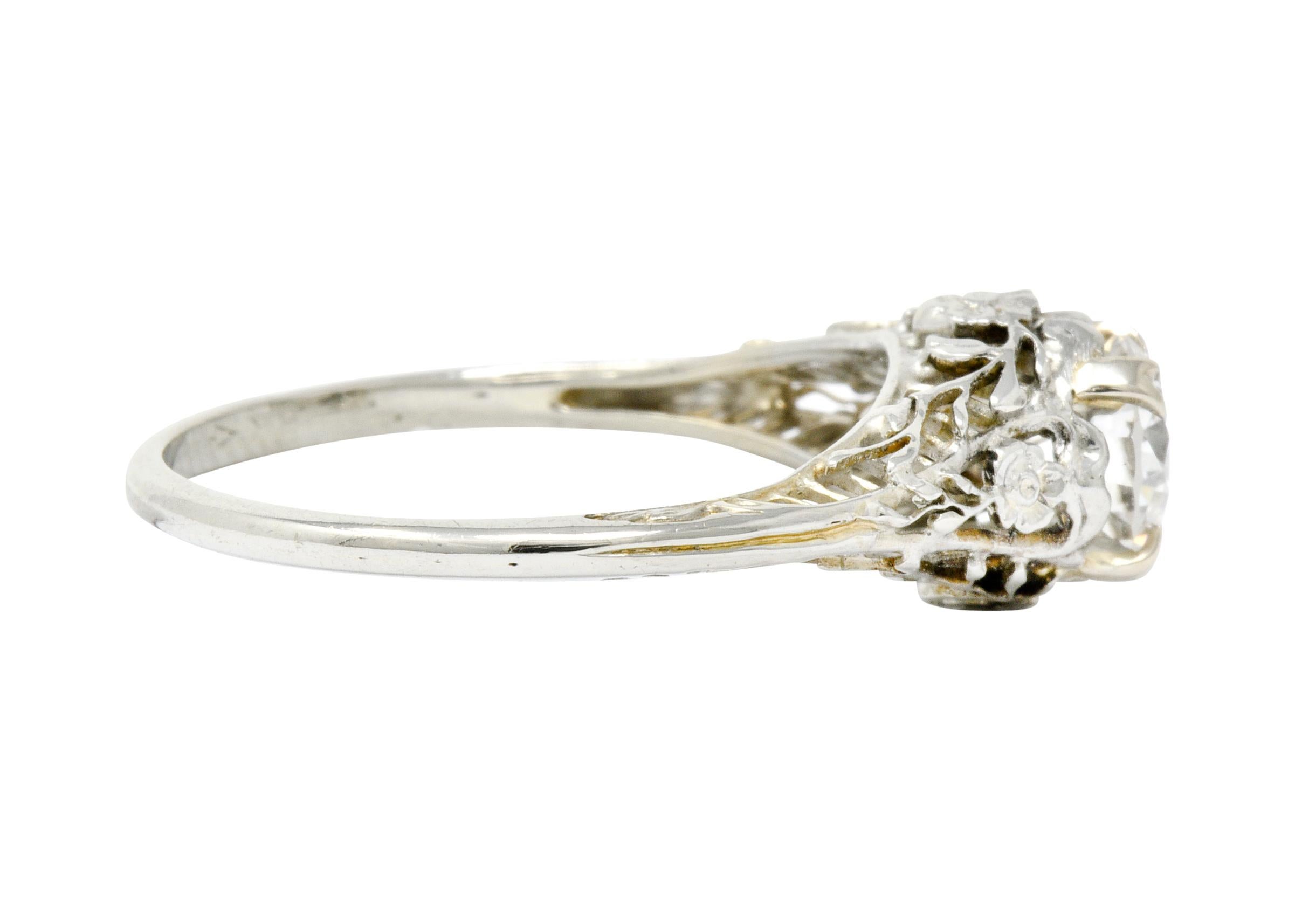 Round Cut Edwardian 0.73 Carat Diamond 18 Karat White Gold Floral Engagement Ring GIA
