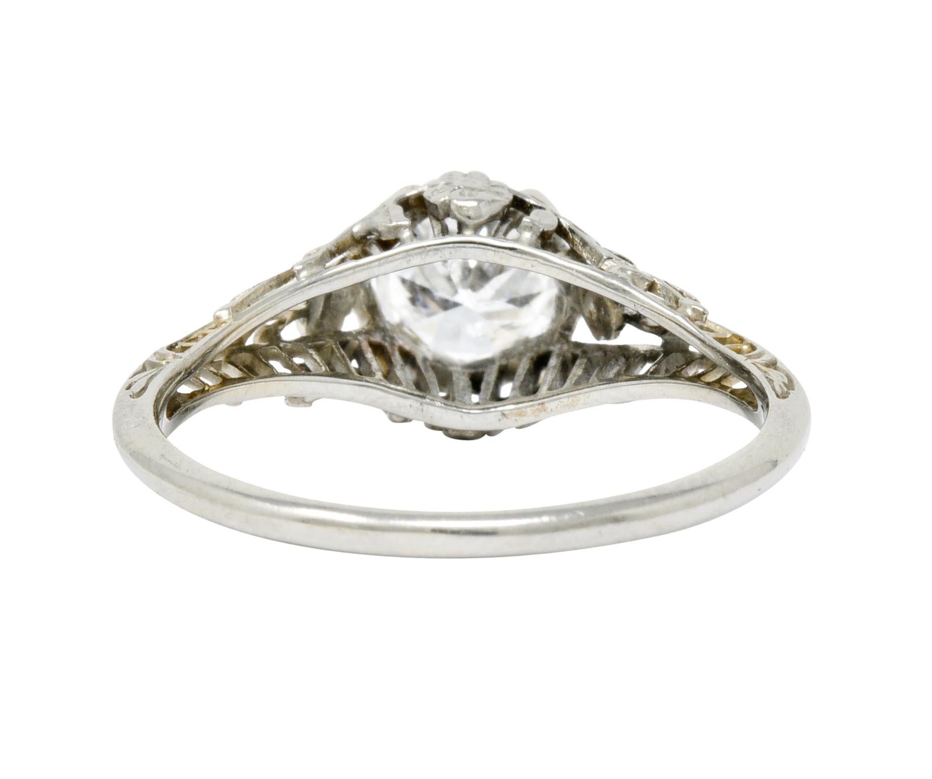 Edwardian 0.73 Carat Diamond 18 Karat White Gold Floral Engagement Ring GIA In Excellent Condition In Philadelphia, PA