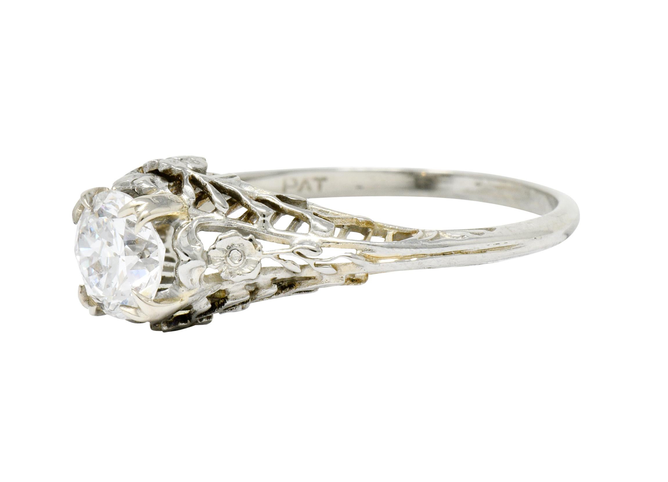 Edwardian 0.73 Carat Diamond 18 Karat White Gold Floral Engagement Ring GIA 1