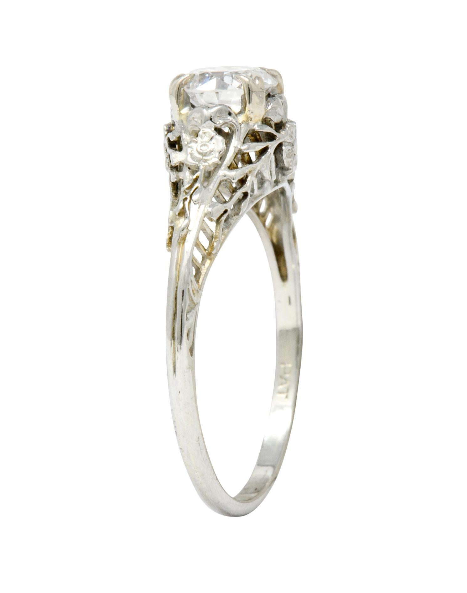 Edwardian 0.73 Carat Diamond 18 Karat White Gold Floral Engagement Ring GIA 4