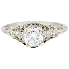 Antique Edwardian 0.73 Carat Diamond 18 Karat White Gold Floral Engagement Ring GIA