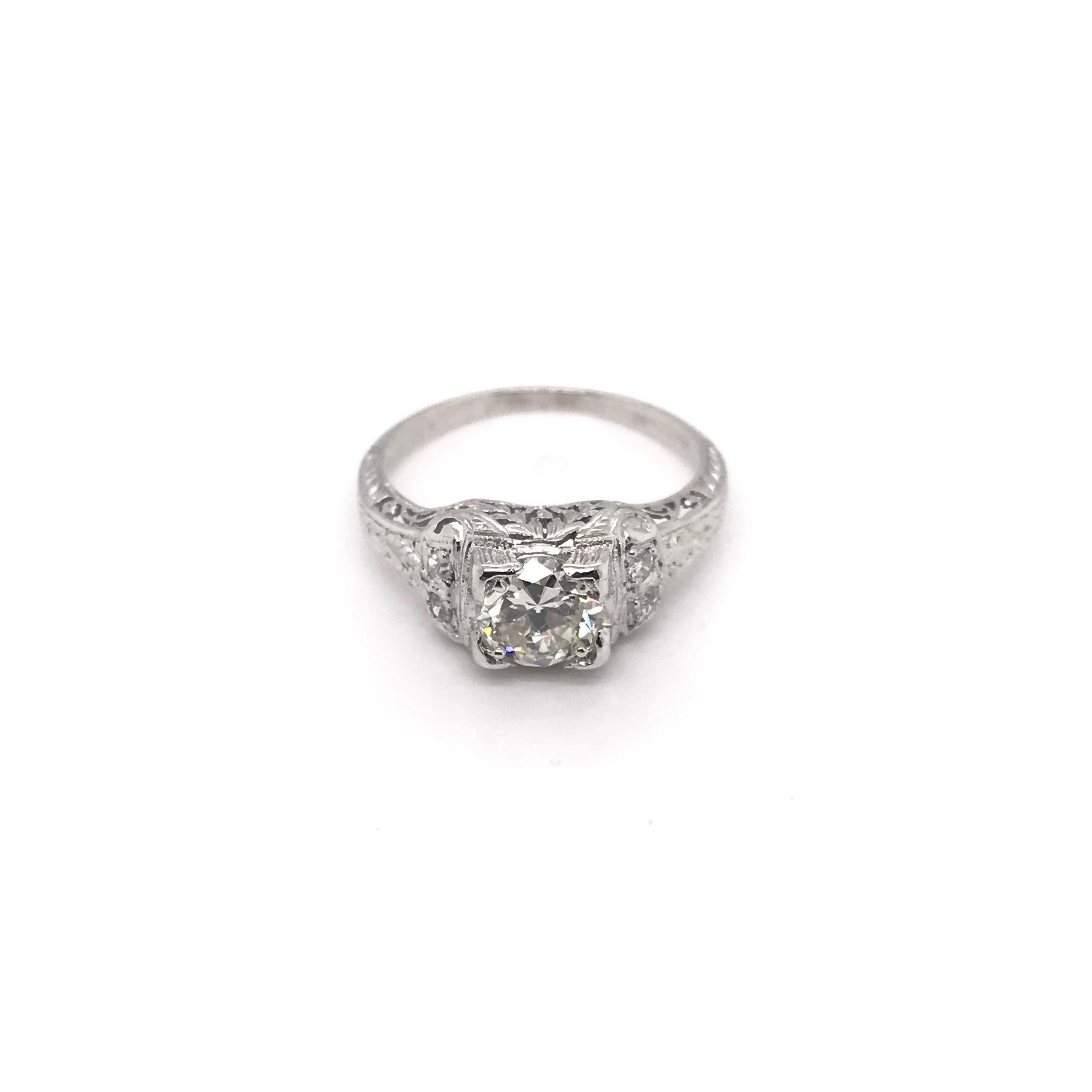 Old European Cut Edwardian 0.74 Carat Diamond and Platinum Filigree Ring For Sale