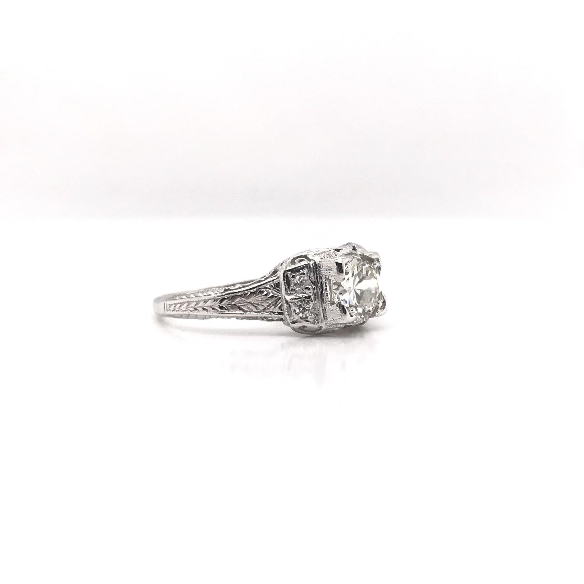 Round Cut Edwardian 0.74 Carat GIA Diamond Platinum Filigree Engagement Ring