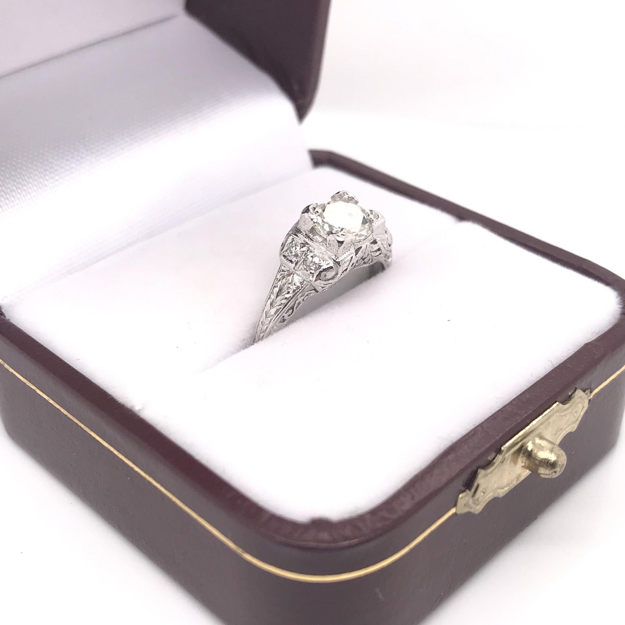 Edwardian 0.74 Carat GIA Diamond Platinum Filigree Engagement Ring 1