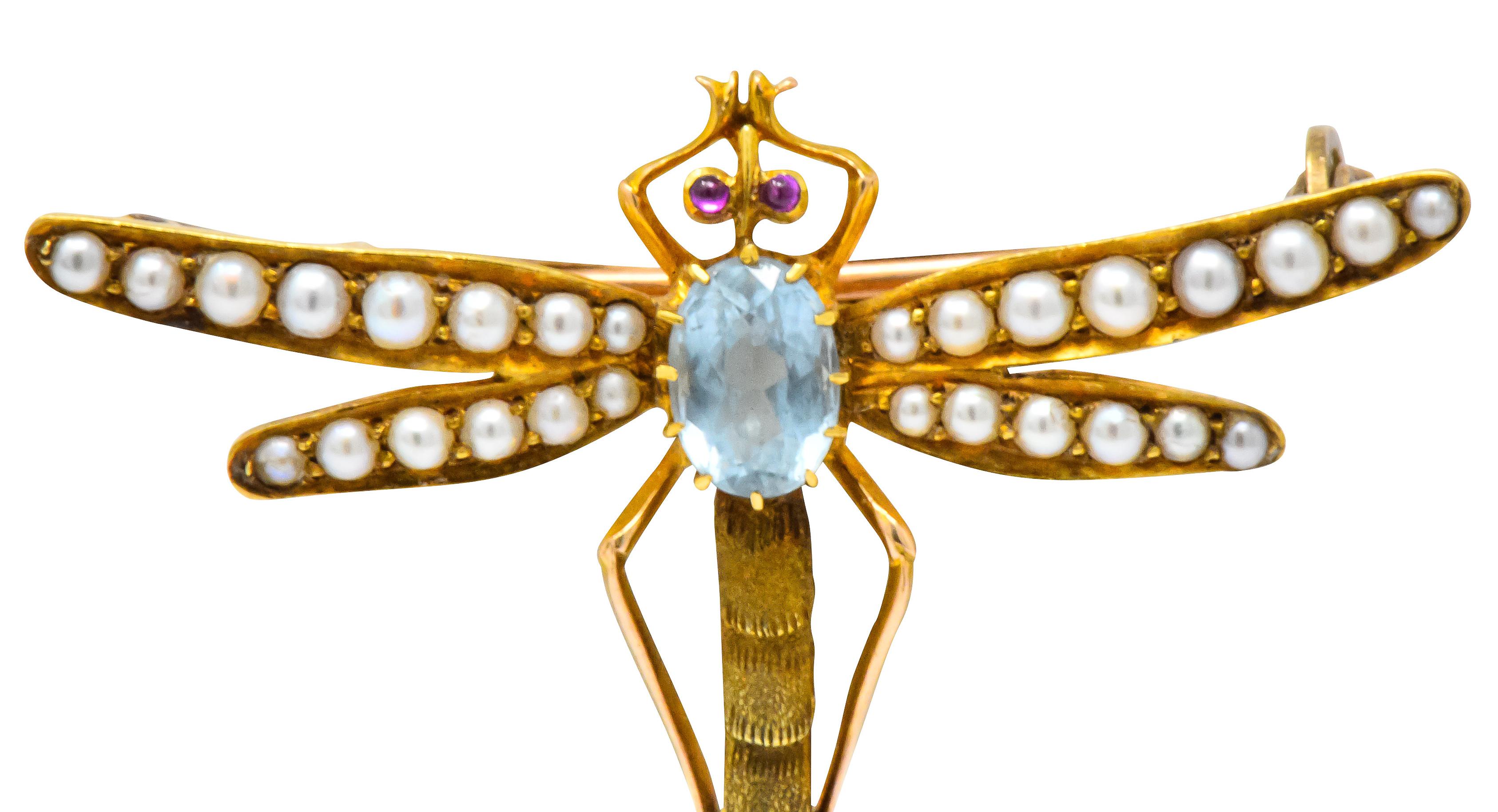 Oval Cut Edwardian 0.75 Carat Aquamarine Seed Pearl 14 Karat Gold Dragonfly Brooch