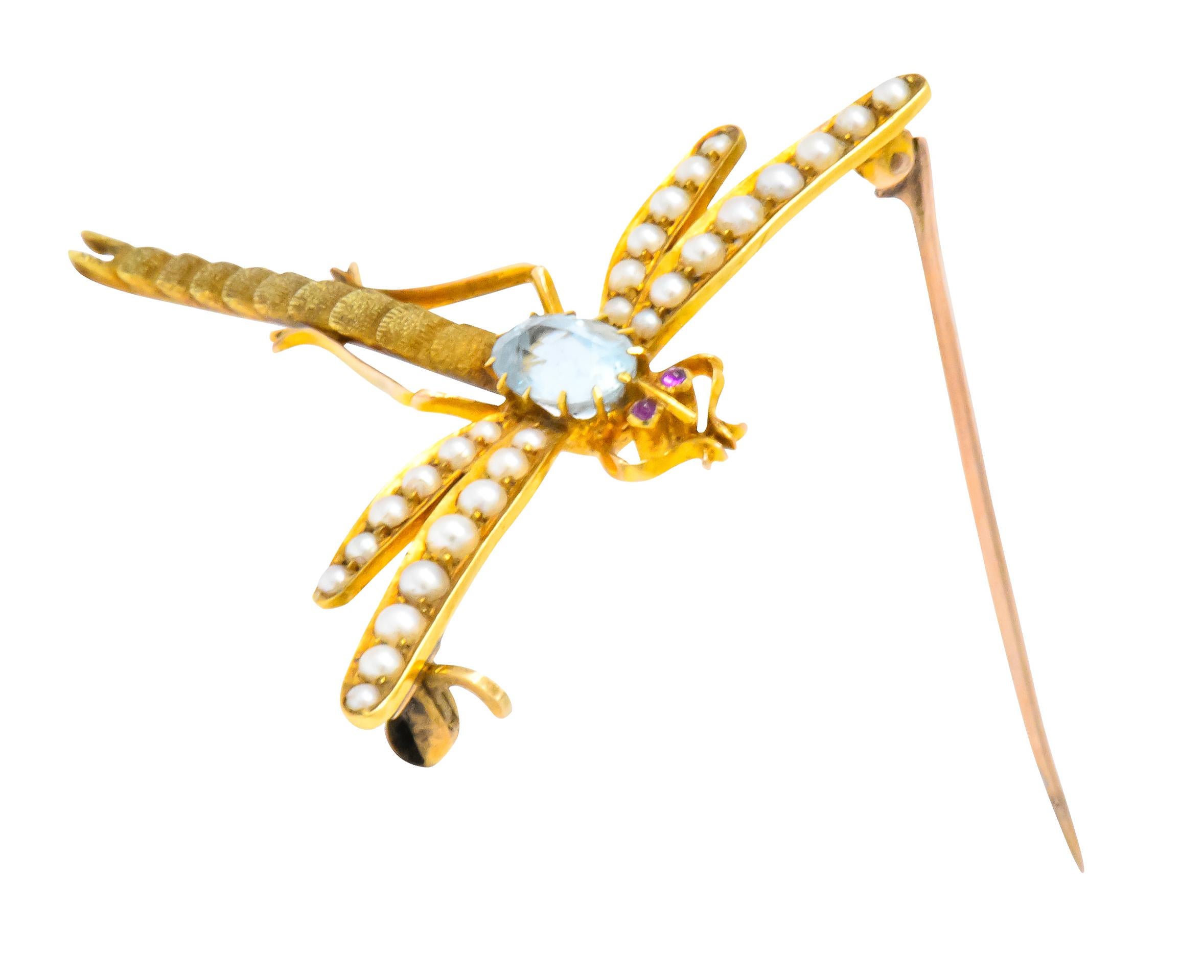 Edwardian 0.75 Carat Aquamarine Seed Pearl 14 Karat Gold Dragonfly Brooch In Excellent Condition In Philadelphia, PA
