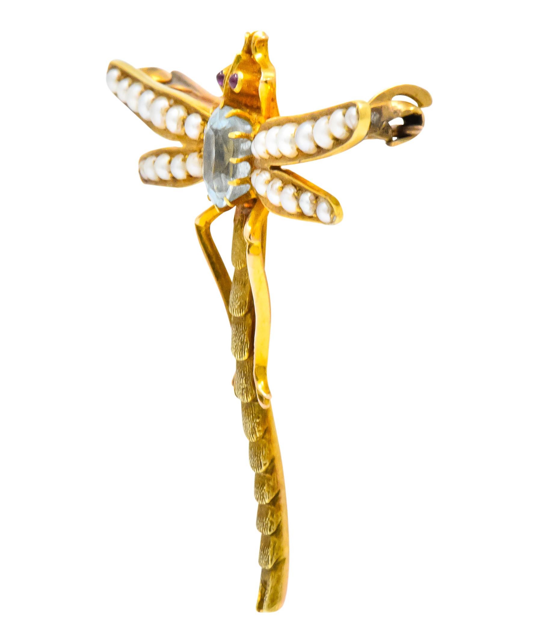Women's or Men's Edwardian 0.75 Carat Aquamarine Seed Pearl 14 Karat Gold Dragonfly Brooch