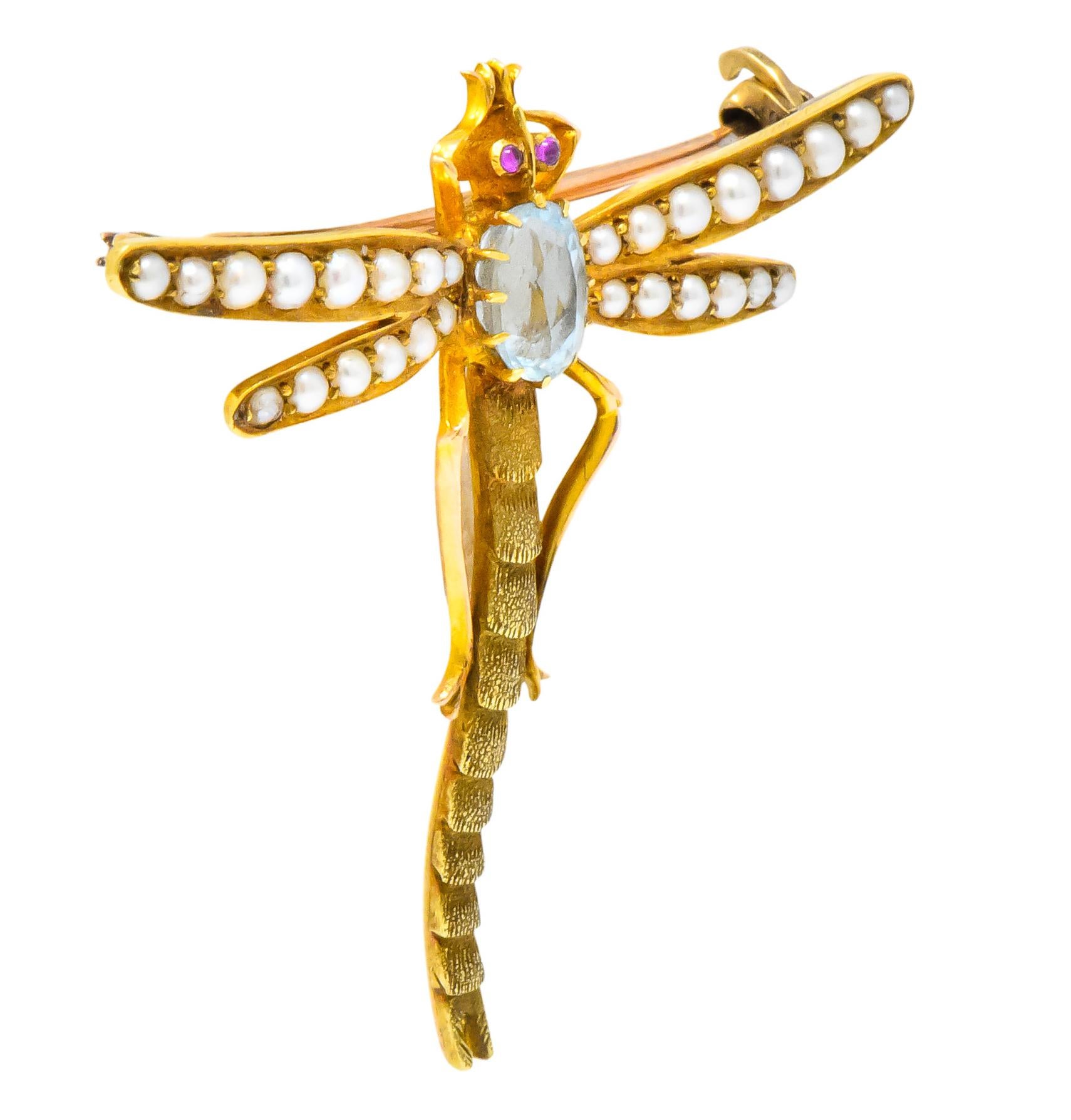 Edwardian 0.75 Carat Aquamarine Seed Pearl 14 Karat Gold Dragonfly Brooch 1