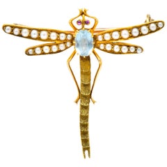 Edwardian 0.75 Carat Aquamarine Seed Pearl 14 Karat Gold Dragonfly Brooch