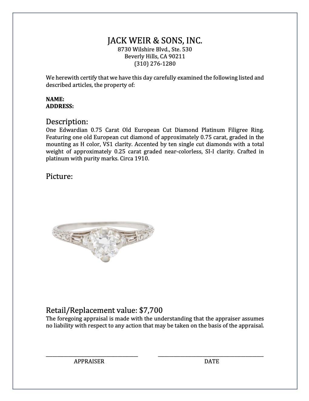 Edwardian 0.75 Carat Old European Cut Diamond Platinum Filigree Ring 2