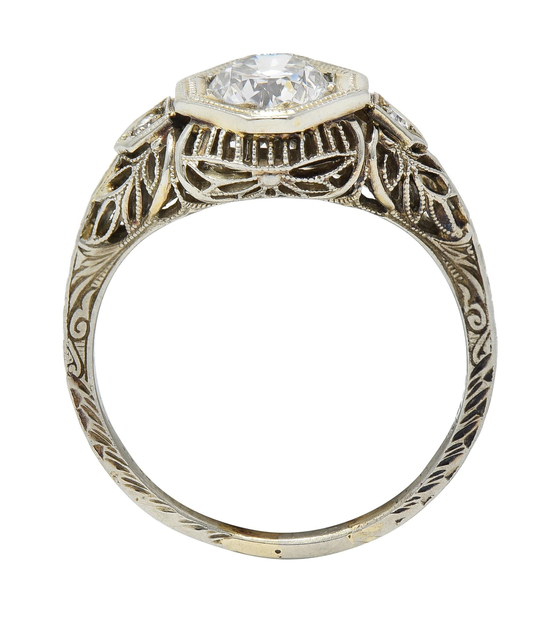 Bague de fiançailles édouardienne en or blanc 18 carats avec diamant taille européenne ancienne de 0,75 carat en vente 4