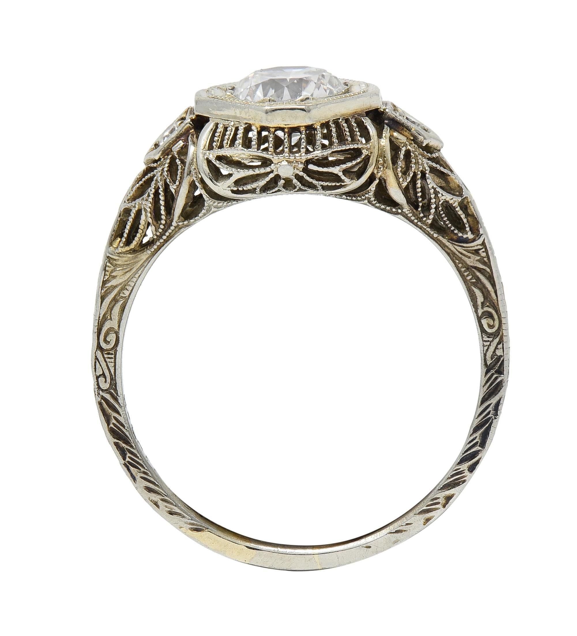 Edwardian 0.75 CTW Old European Cut Diamond 18 Karat White Gold Engagement Ring For Sale 7