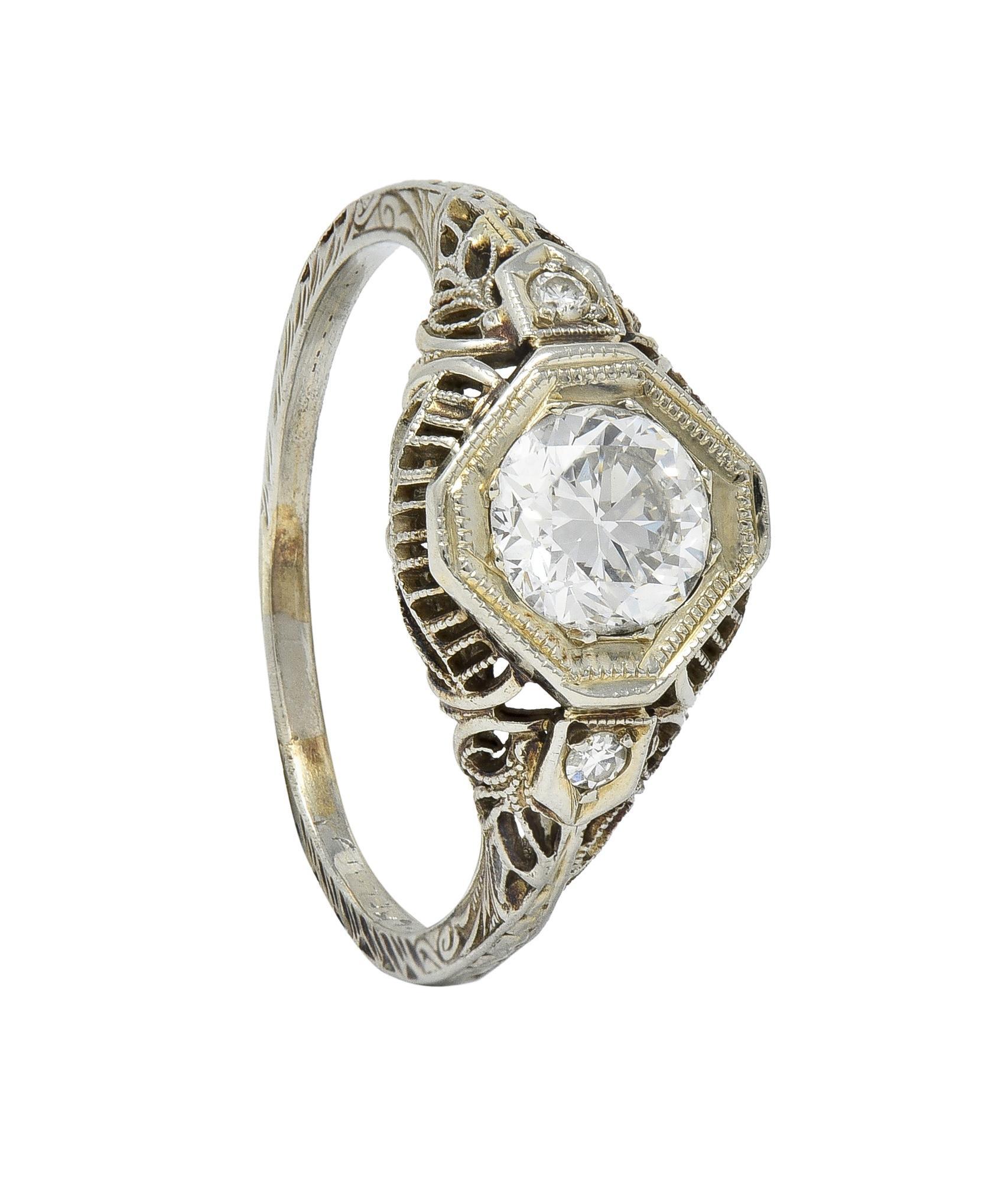 Edwardian 0.75 CTW Old European Cut Diamond 18 Karat White Gold Engagement Ring For Sale 8