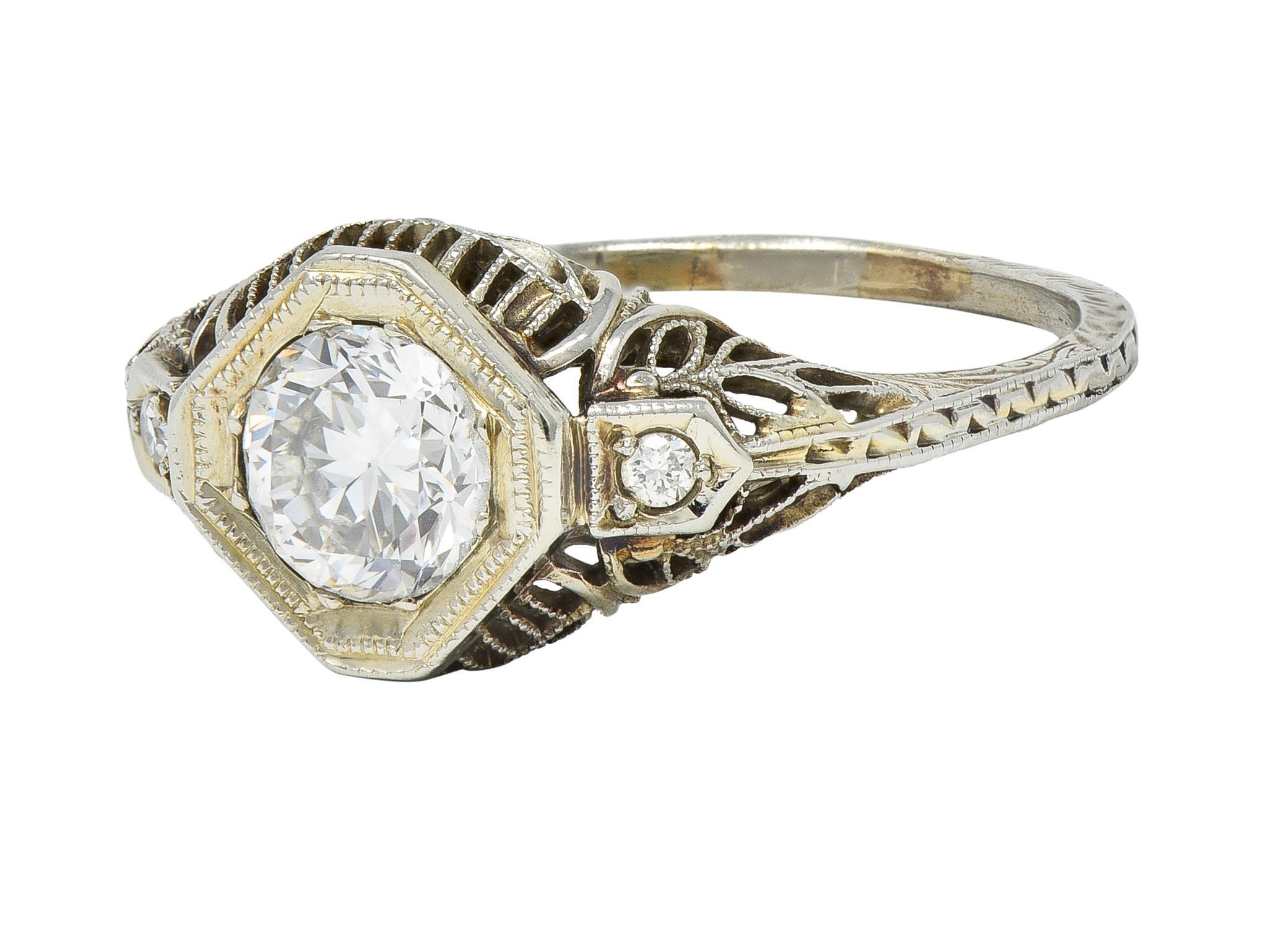 Edwardian 0.75 CTW Old European Cut Diamond 18 Karat White Gold Engagement Ring For Sale 3