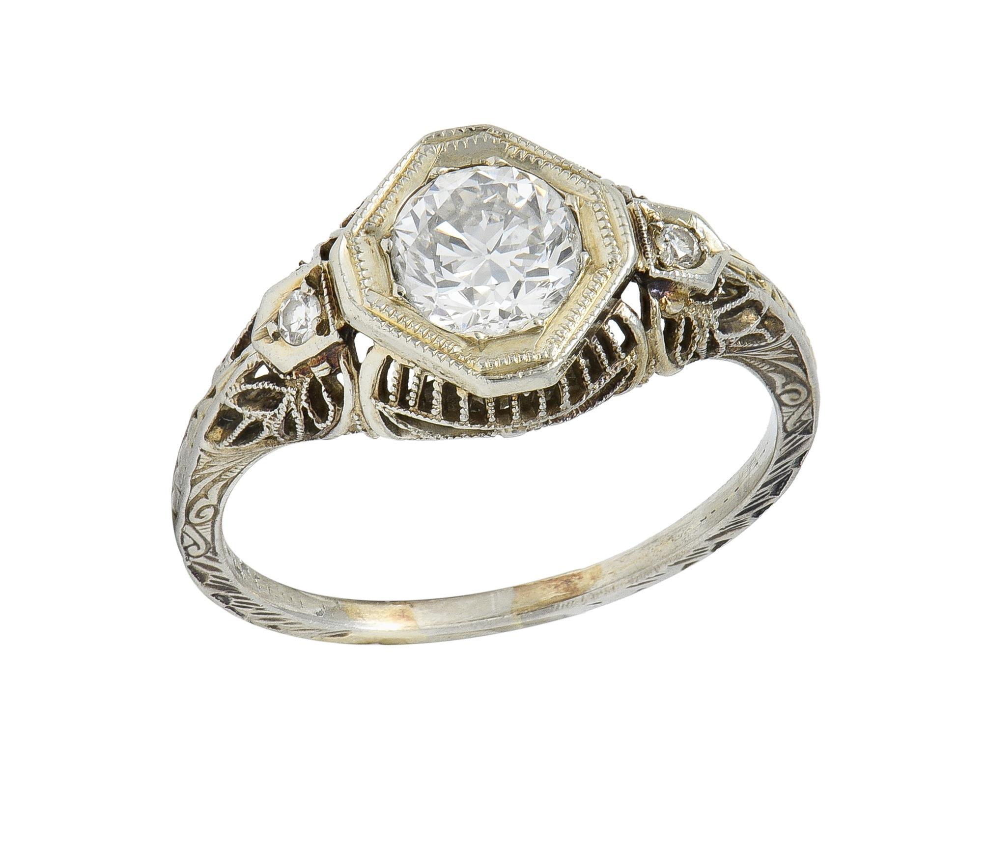 Bague de fiançailles édouardienne en or blanc 18 carats avec diamant taille européenne ancienne de 0,75 carat en vente 3