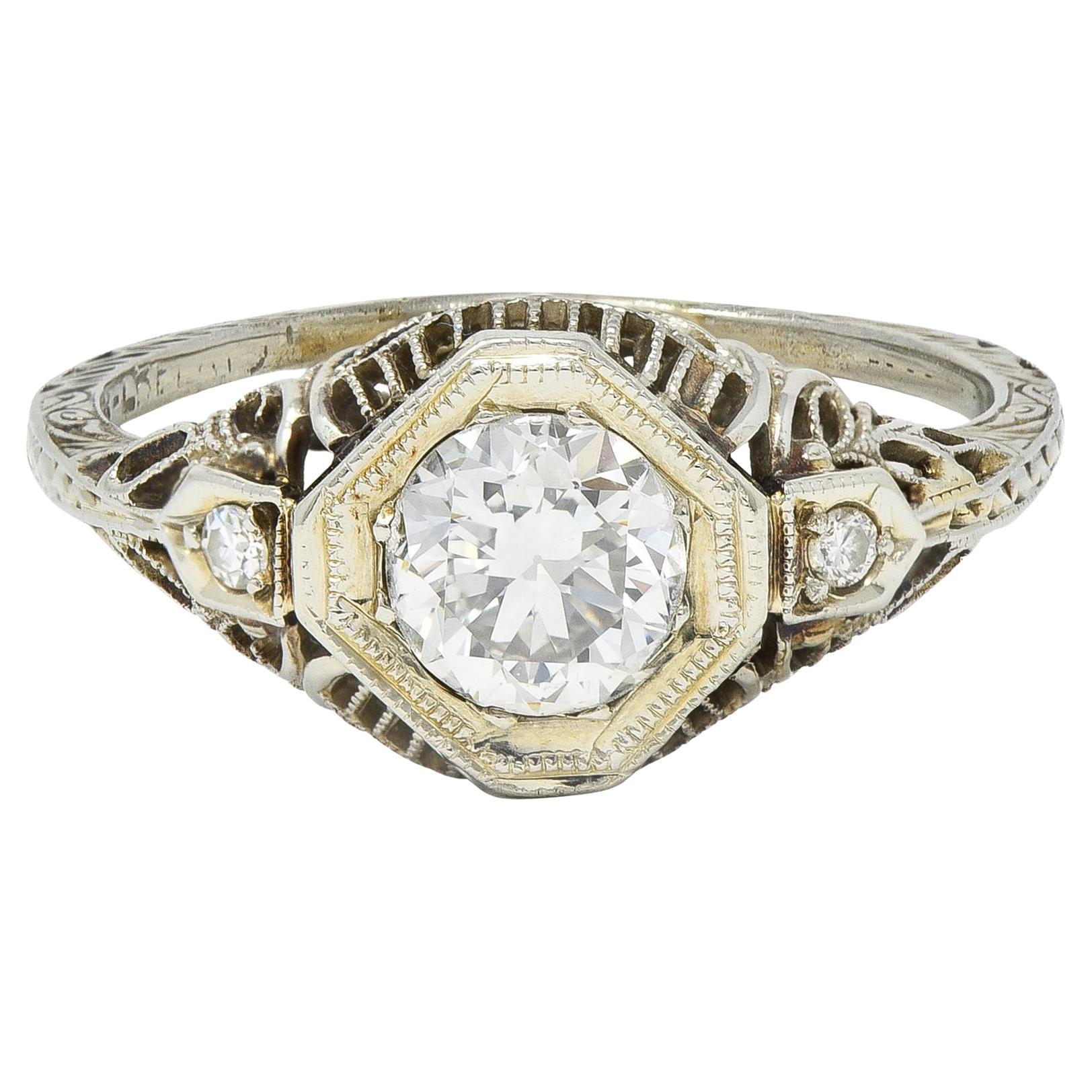 Edwardian 0.75 CTW Old European Cut Diamond 18 Karat White Gold Engagement Ring