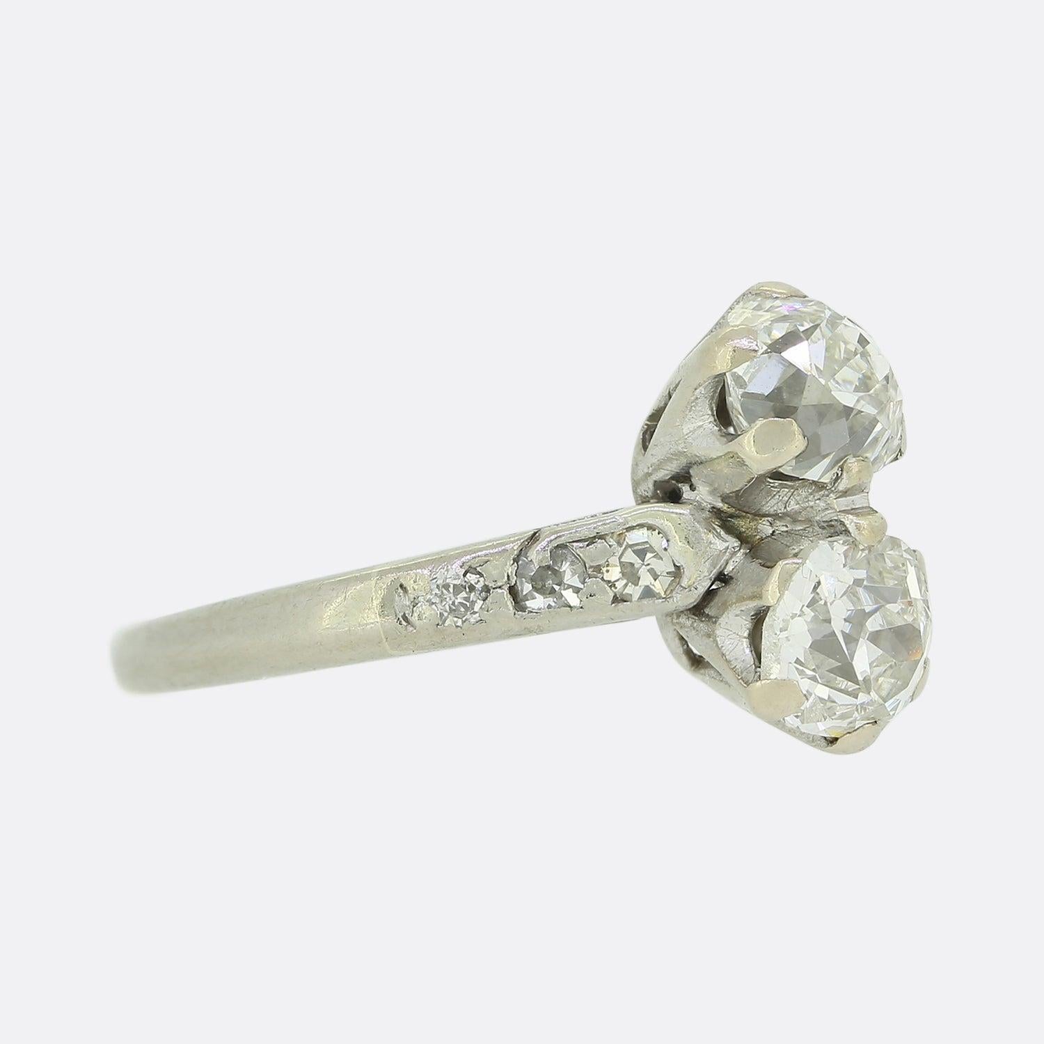 Old European Cut Edwardian 0.80 Carat Old Cut Diamond Two Stone Ring For Sale
