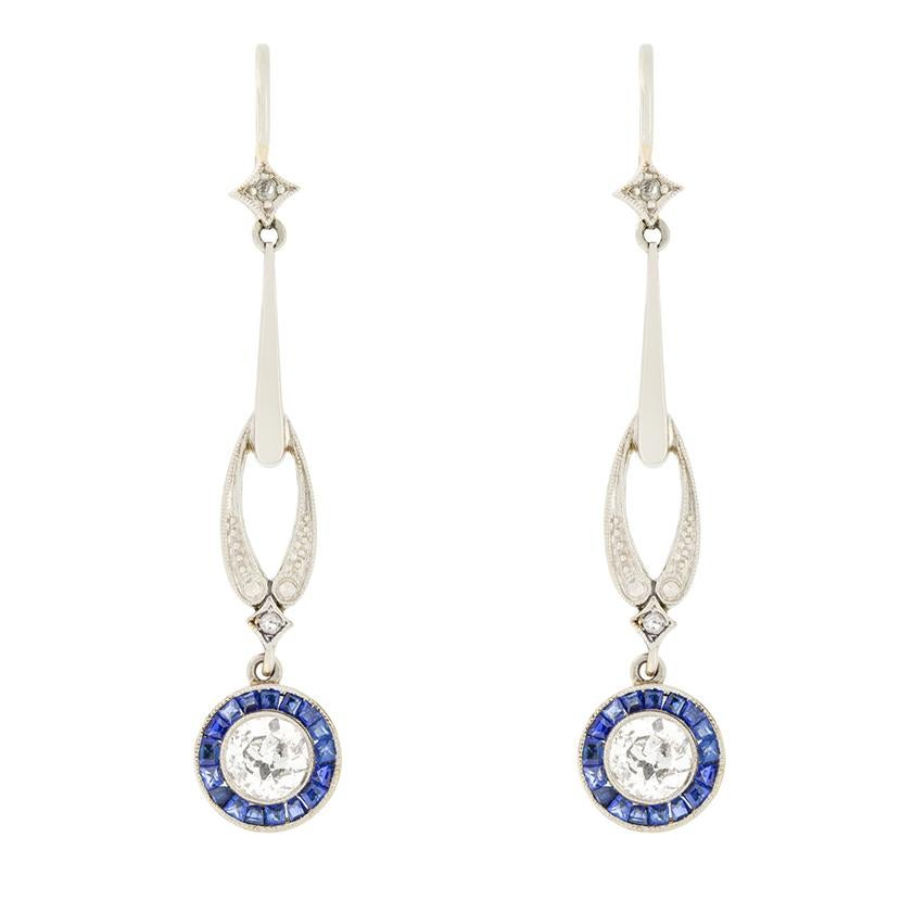 Old European Cut Edwardian 0.80ct Diamond and Sapphire Drop Earrings, c.1910s