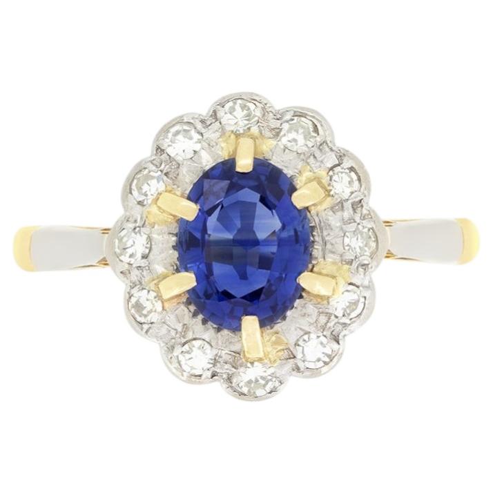 Edwardian 0.80ct Sapphire and Diamond Cluster Ring, c.1910s For Sale