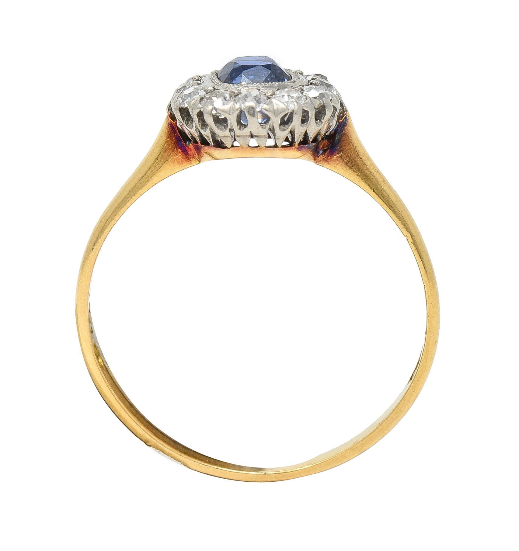 Edwardian 0.83 Sapphire Diamond 18 Karat Yellow Gold Platinum Antique Halo Ring 4