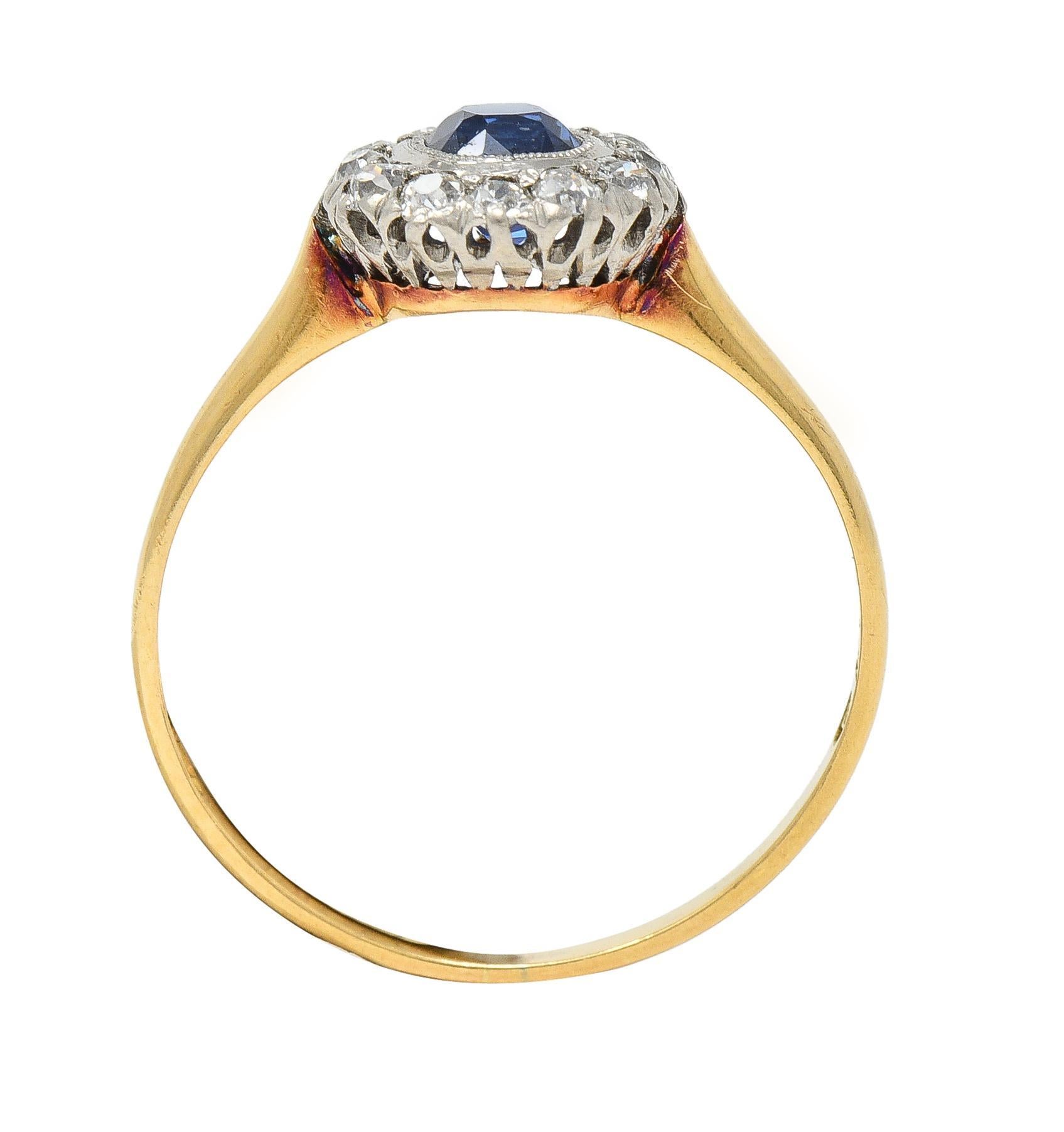 Edwardian 0.83 Sapphire Diamond 18 Karat Yellow Gold Platinum Antique Halo Ring 5